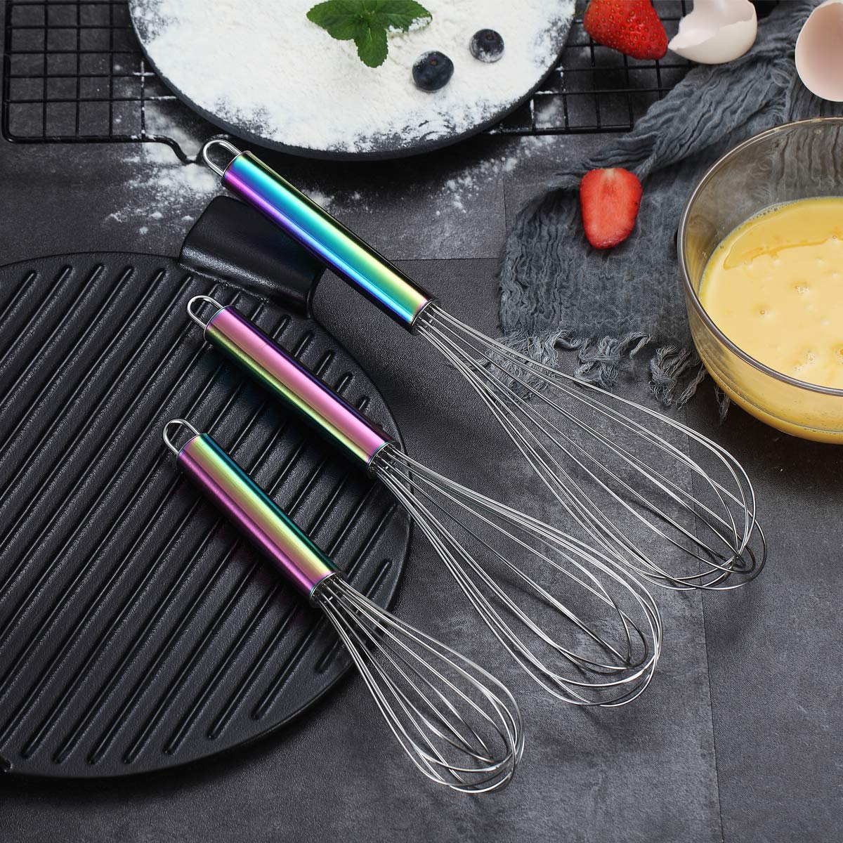 Berglander Rainbow Handle Whisk Pack Of 3 Stainless Steel 8'',10'',12'', Titianium Plating Colorful Handle Whisks For Cooking, B
