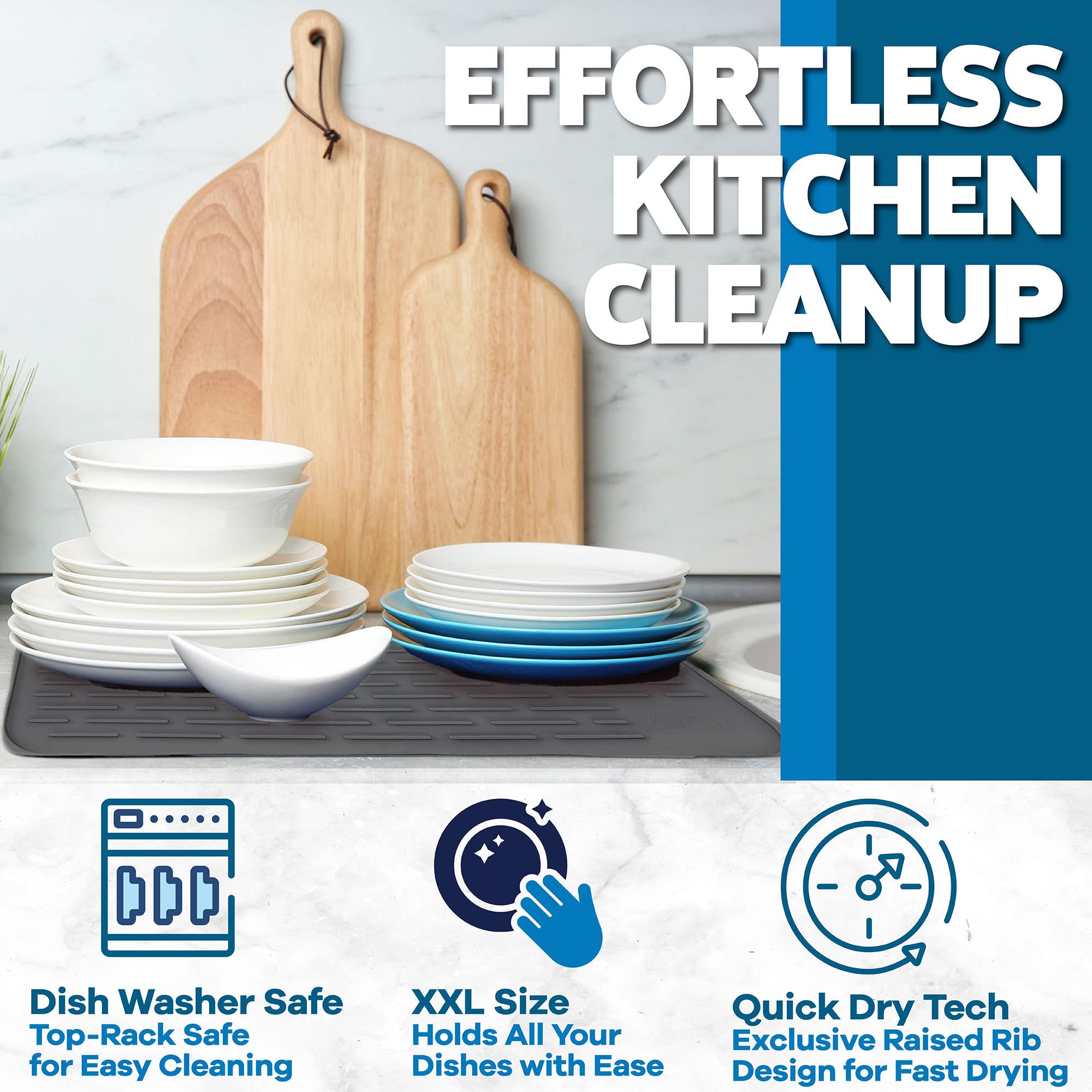 Xxl Silicone Dish Drying Mat For Kitchen Counter Or Under Sink, 24'' X 18'' Extra Large, Waterproof Pet Feeding Mat, Water Bowls