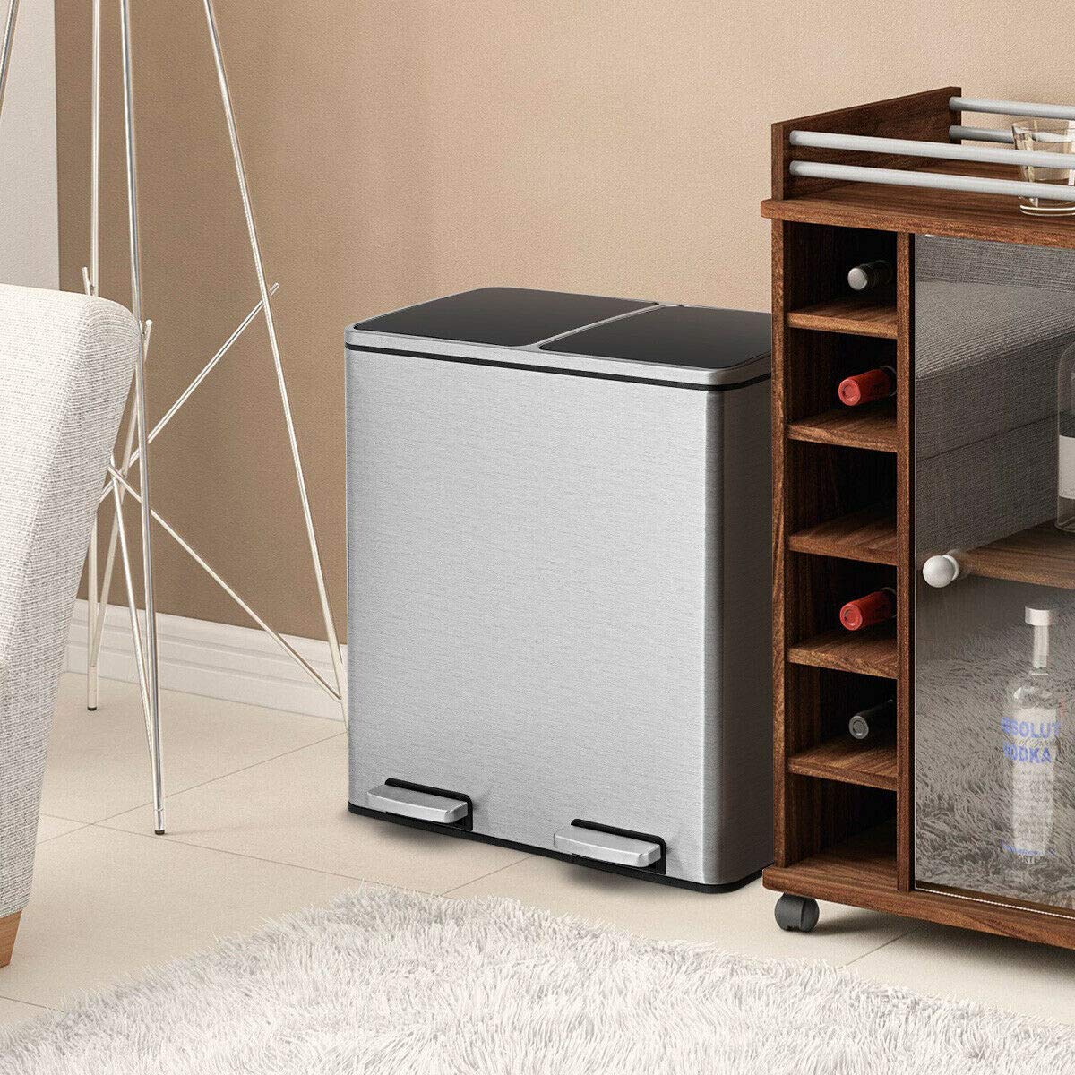 Goplus Dual Trash Can, 60 Liter (2X30L)/ 16 Gallon Stainless Steel Step Trash Can, Rectangular Garbage Bin With Inner Buckets An