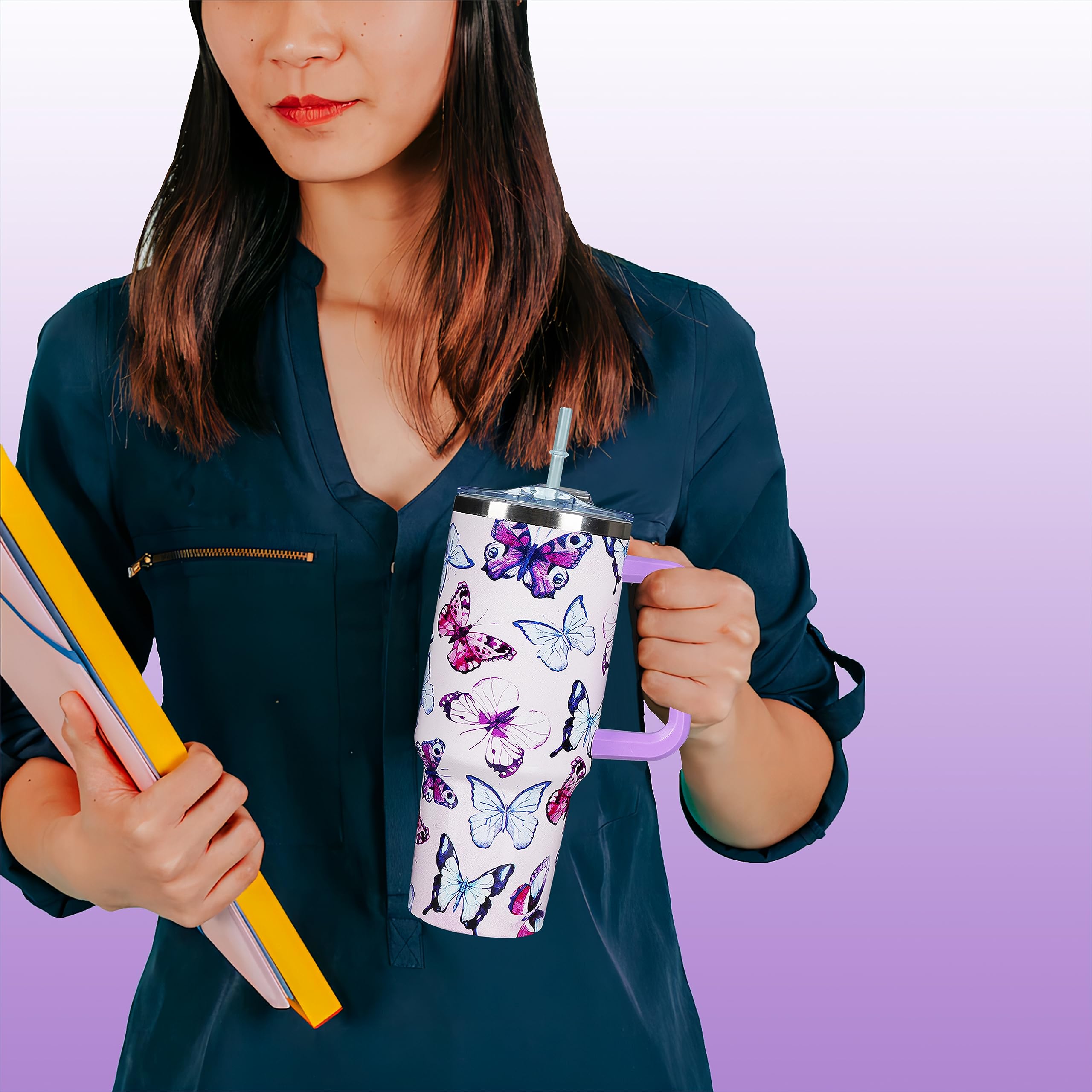 Omezin 40 Oz Stainless Steel Tumbler with Handle - Purple Butterfly, Double Insulated Travel Coffee Mug with Lid & Straw