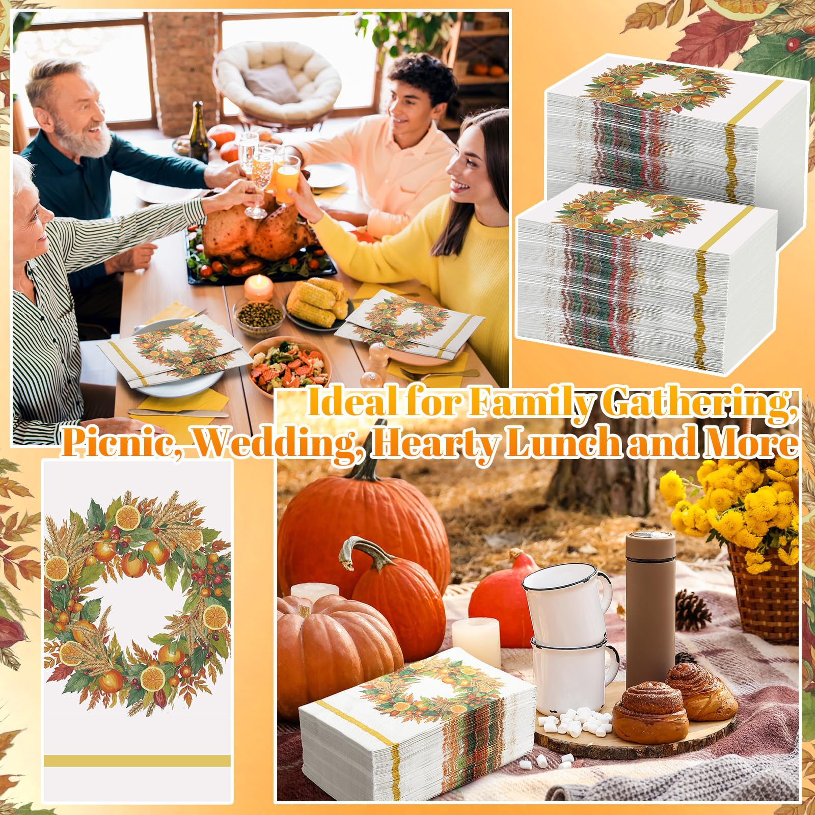 Epakh 200 Pcs Bulk Thanksgiving Wreath Guest Napkins 2 Ply Autumn Fall Harvest Disposable Paper Napkins Orange Fruit Leaf Dinner