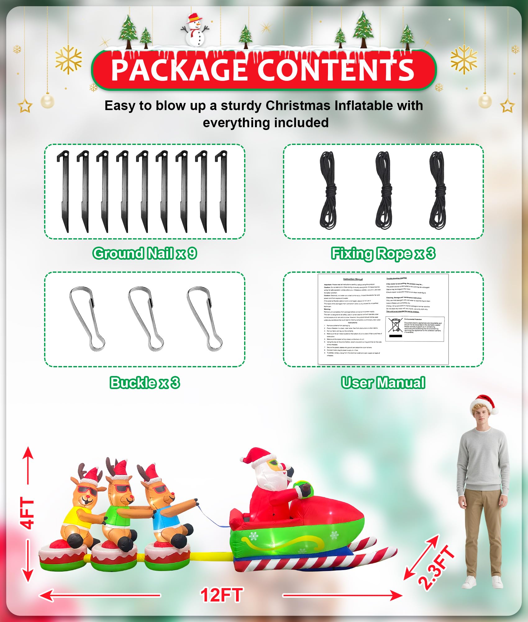 EAONE 12FT Christmas Inflatable Santa Claus with Reindeers & LEDs, Multi-colored Outdoor Yard Decoration, Model BDD078