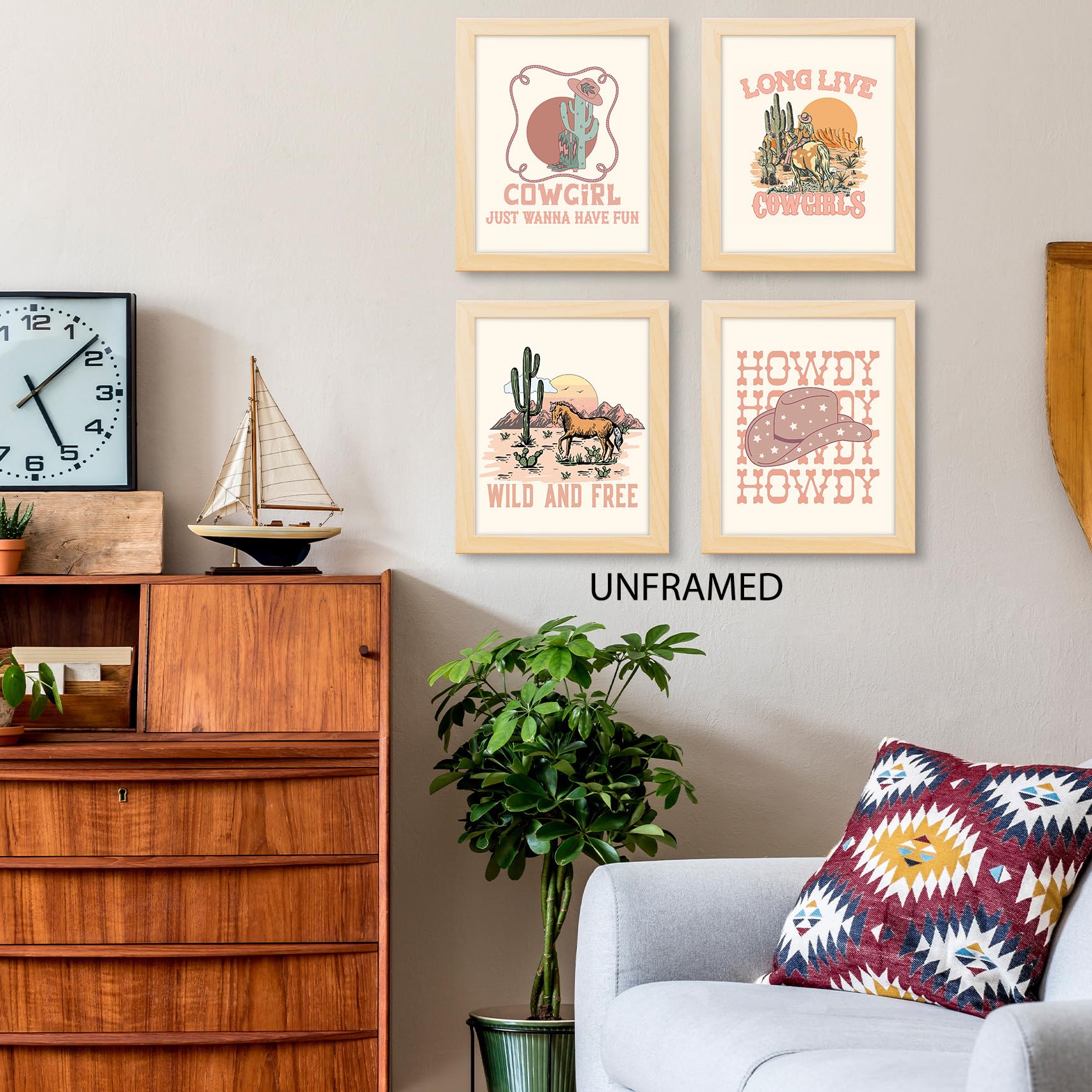 PUHEI Retro Western Howdy Cowgirl Wall Art Prints Set of 4 Western Nursery Decor Girl  Western Room Decor For Teen Girls  Cowgirl Nursery Decor (Unframed)  Western Boho Bedroom Decor  8 x 10 In
