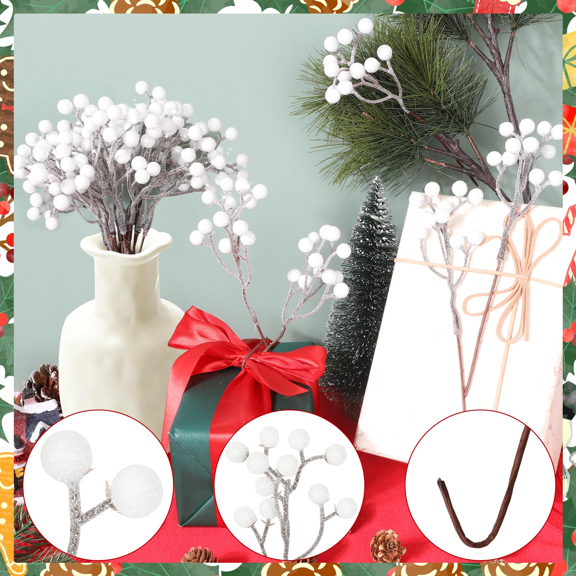 Vipay 24 PCS Christmas Tree Decor, 7.08 in White Berry Picks, Artificial Berries Branches Christmas Berry Stems for DIY Wreath F