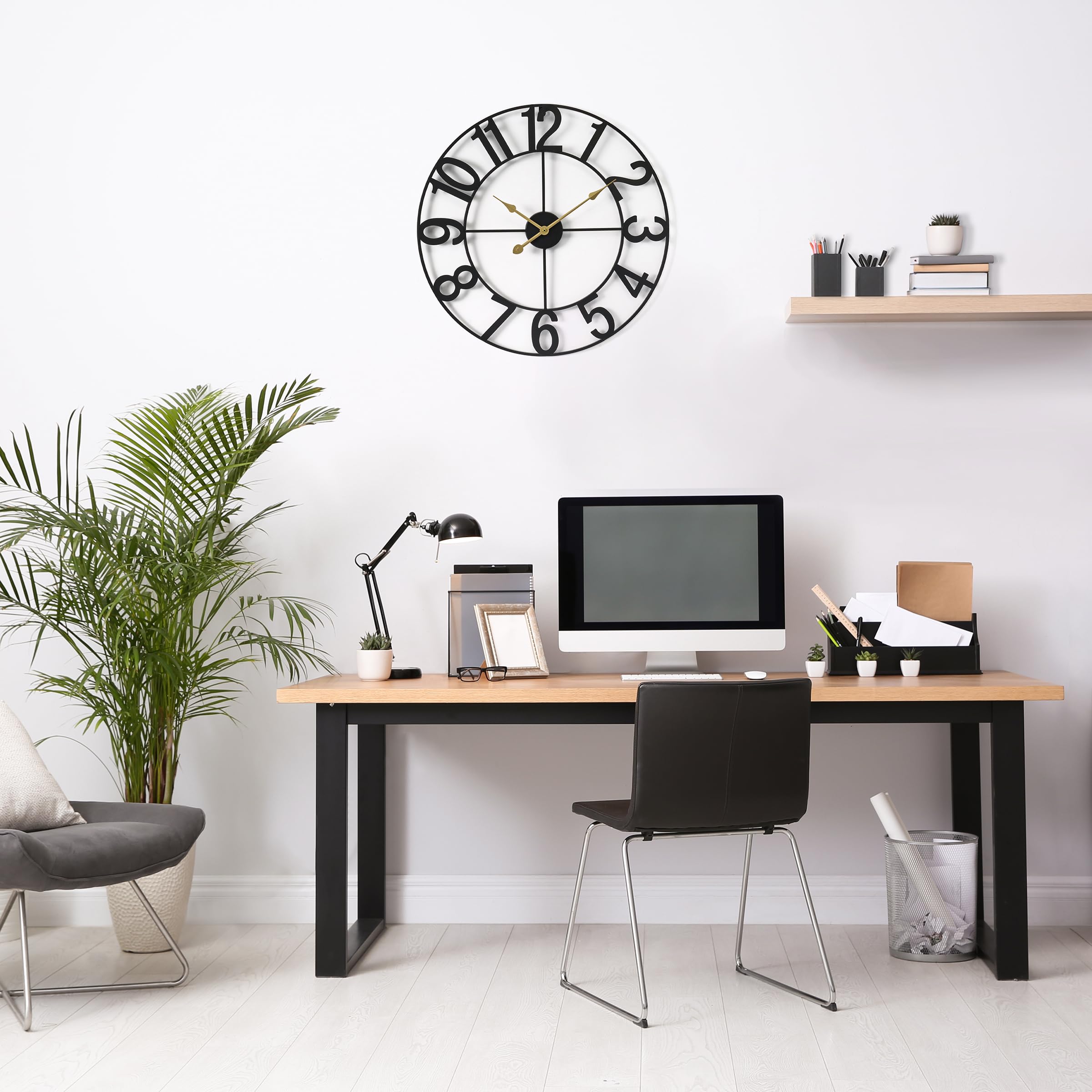 Sorbus 16-Inch Large Wall Clock - Decorative Black Metal Clock with Gold Hands - Silent, Battery Operated, Modern Wall Decor for