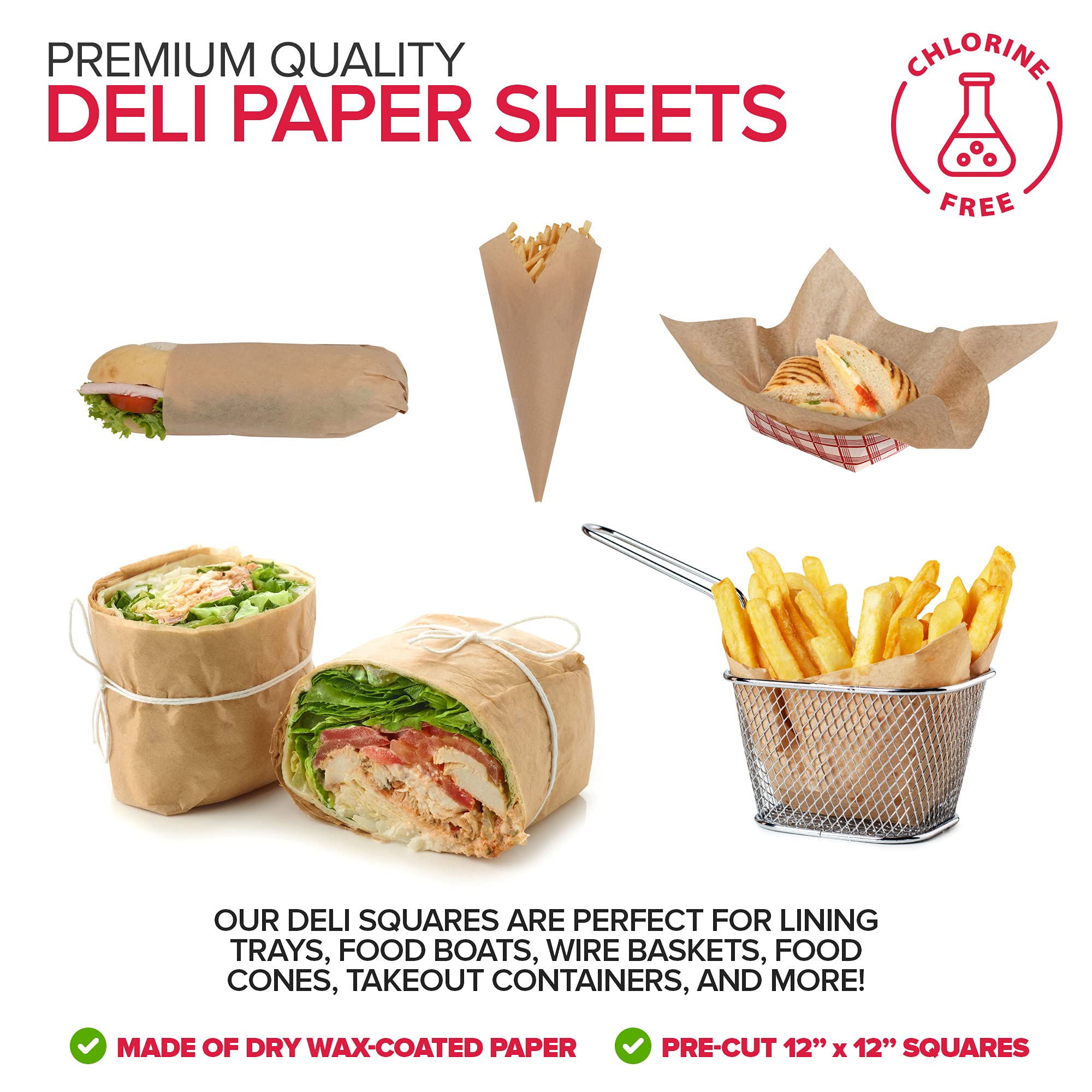 Stock Your Home 12 X 12 Grease Proof Deli Wrappers (500 Pack) - Pre Cut Natural Wax Paper Sheets - Recyclable Food Basket Liners