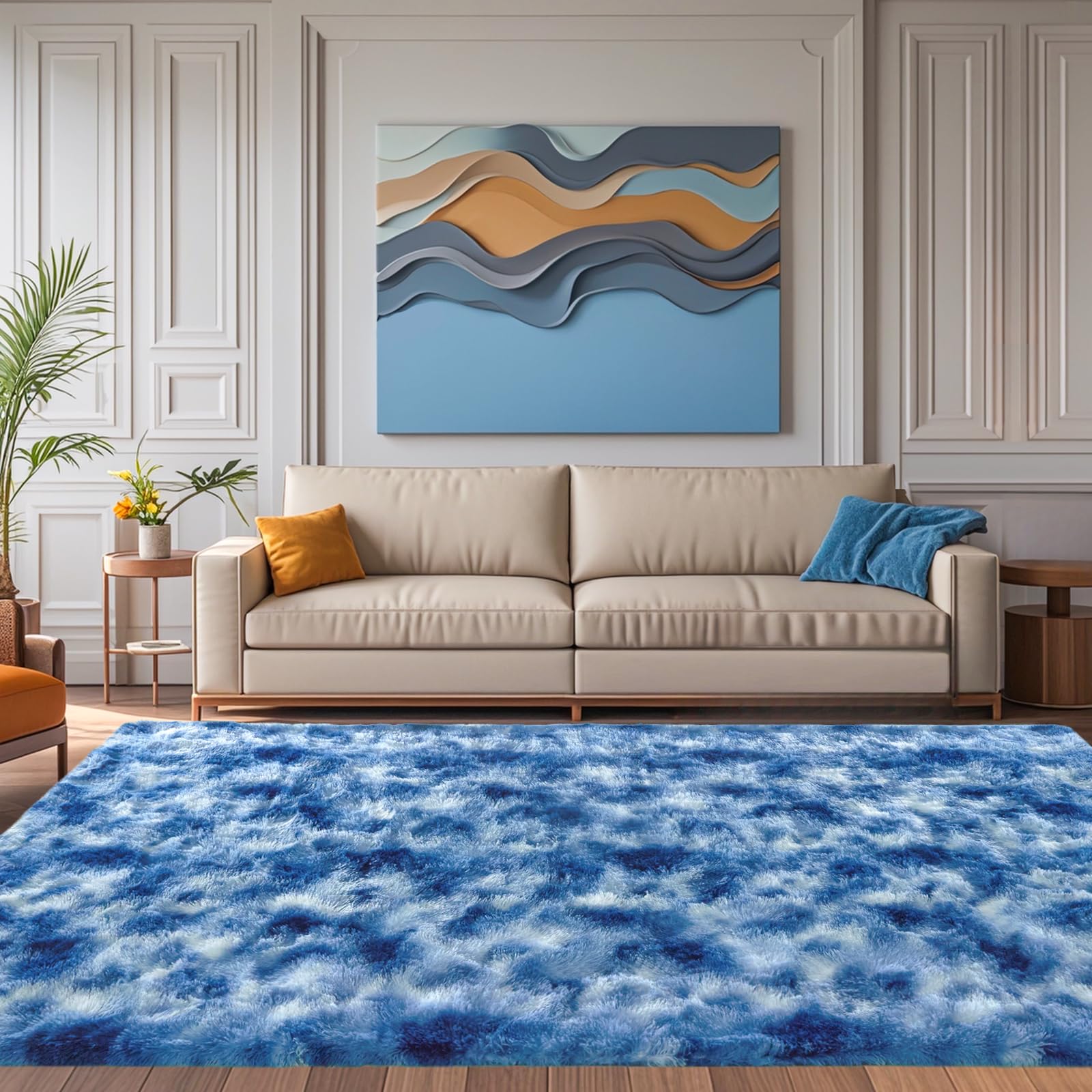 Fuzzy Blue White Rug for Bedroom Soft Fluffy 4x6 ft Living Room Rug Non-Slip Area Rugs Shag Carpet for Nursery Kids Play Room Do