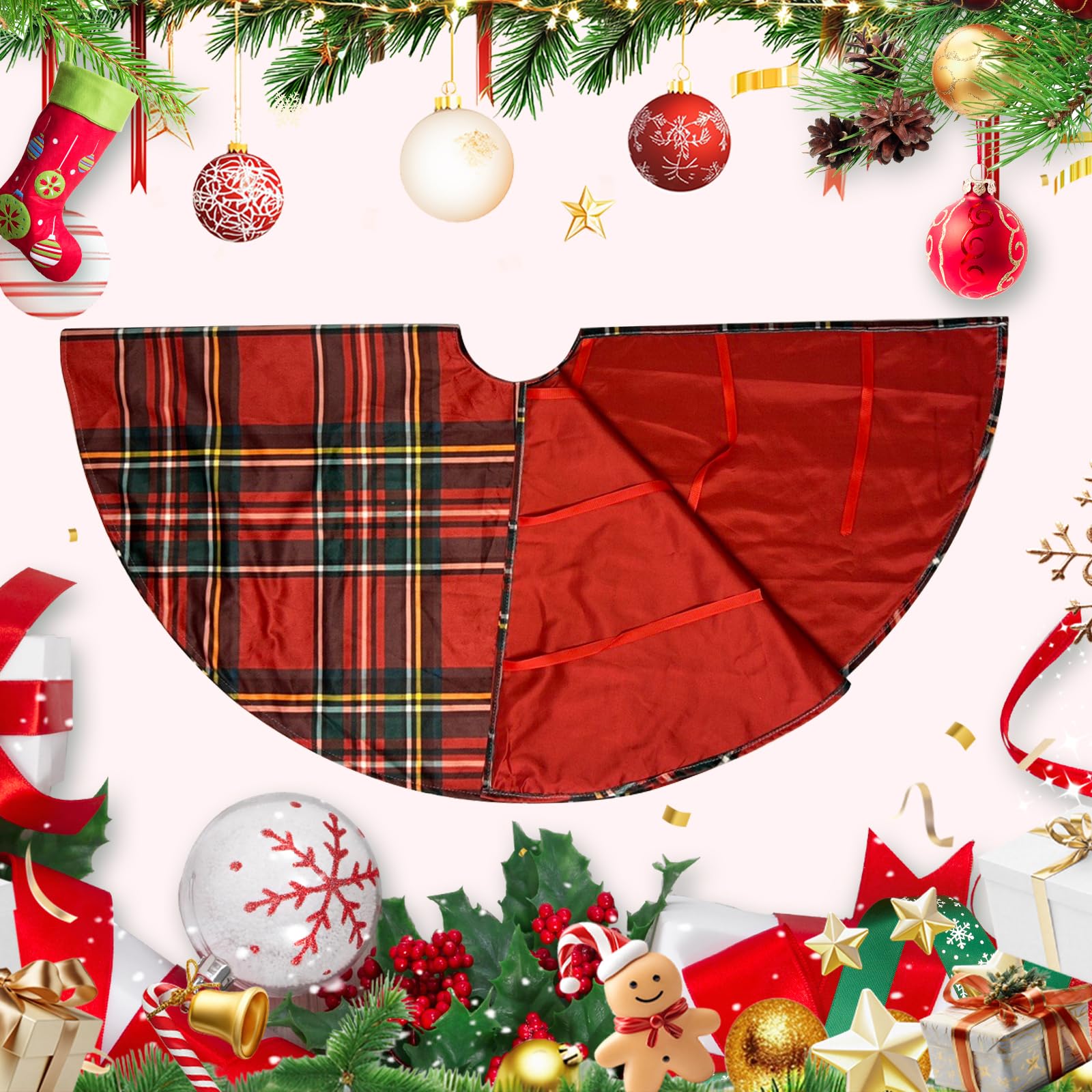 Royal Stewart Tartan Christmas Tree Skirts - 48 Inch Scottish Red Plaid Printed Tree Skirt, Classic Holiday Decoration for 6-7.5