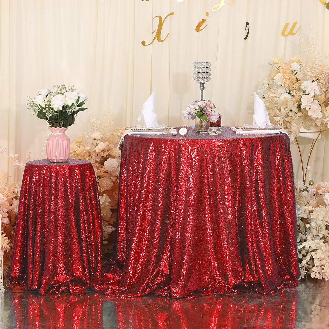 Eternal Beauty Red Round Sequin Tablecloth- Sparkly Sequin Overlay For Wedding Party/Dessert Table/Christmas Decoration(108-Inch