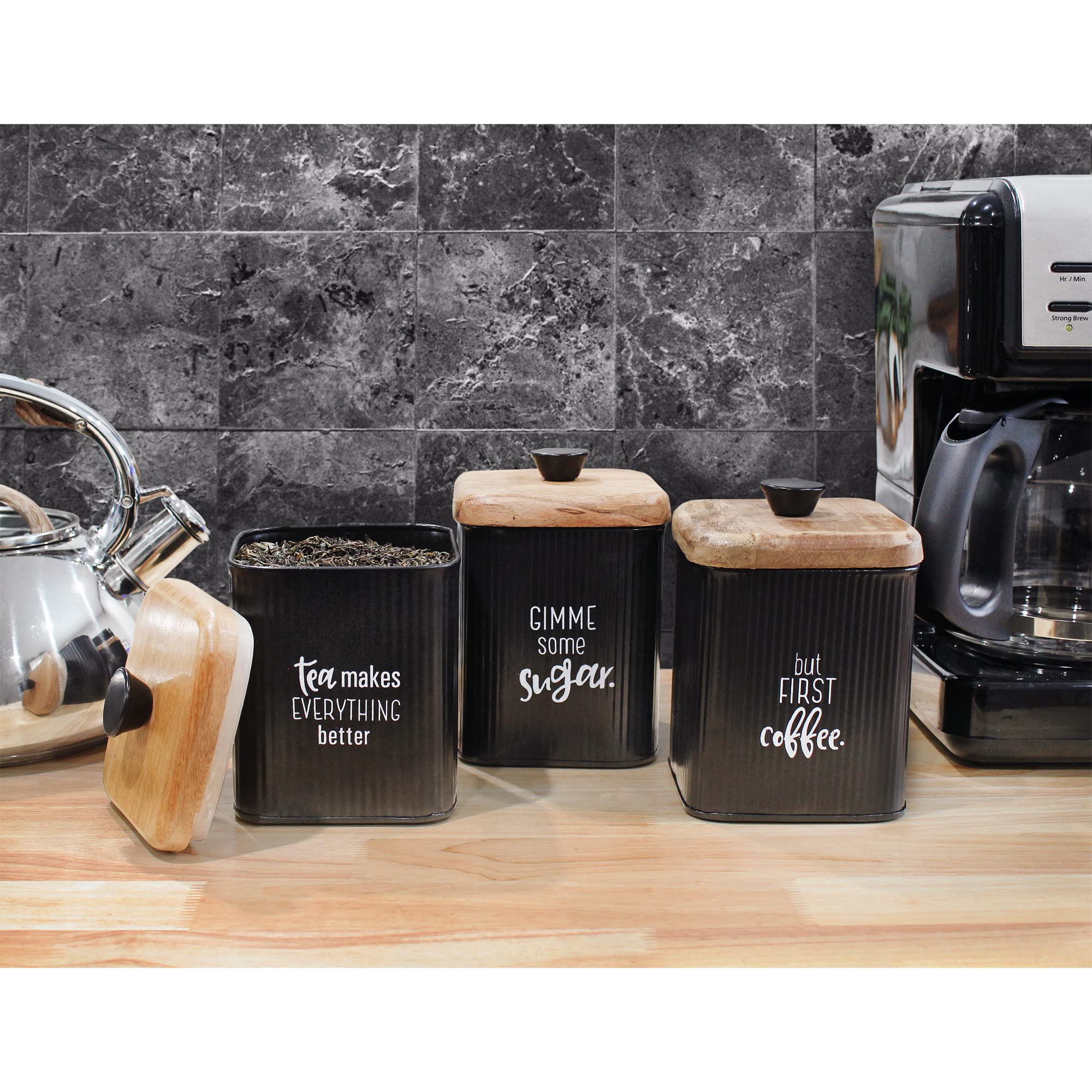 Auldhome Farmhouse Black Enamelware Canisters (Set Of 3); Storage Containers For Coffee, Tea And Sugar In Black Enamel And Wood