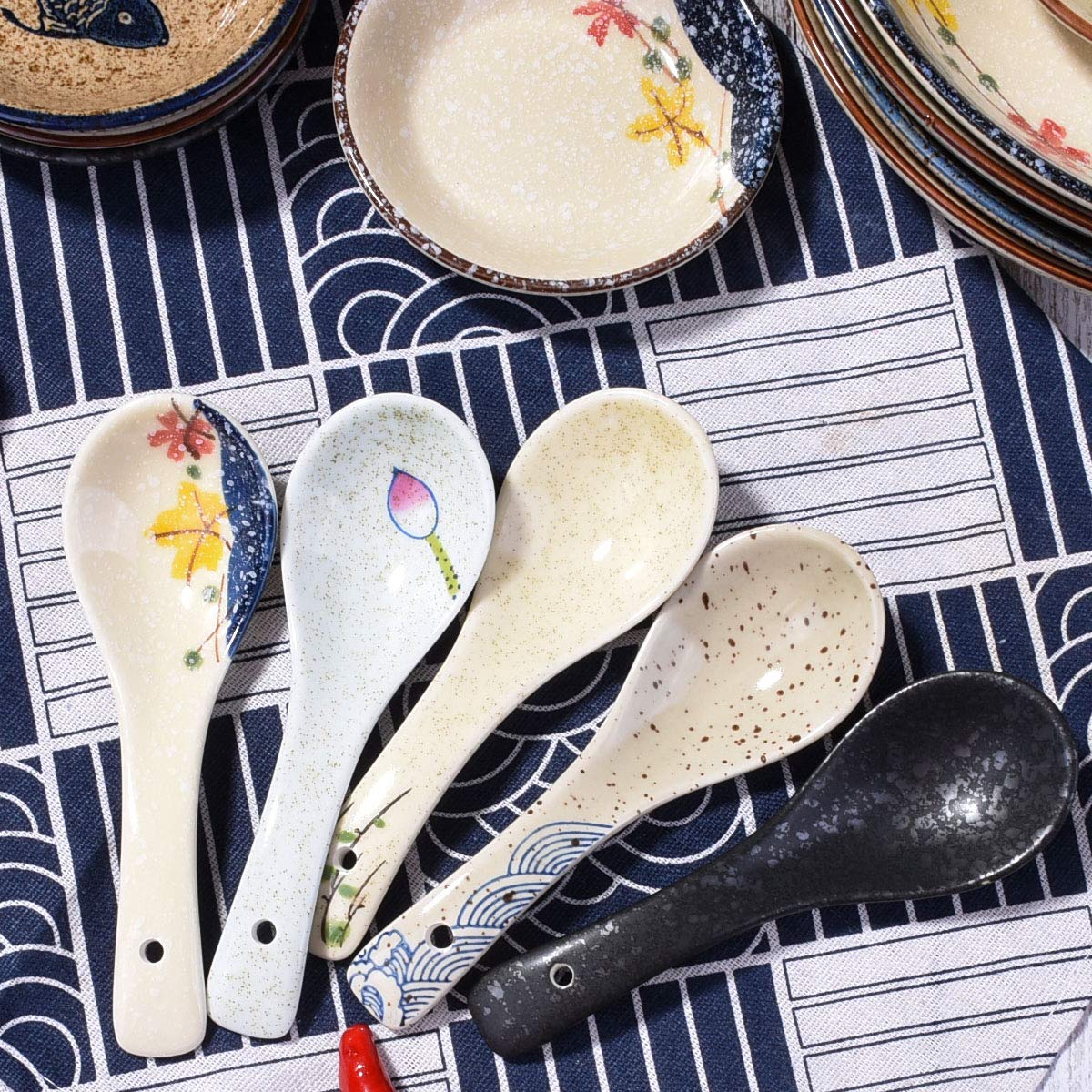 Whitenesser Japanese Soup Spoons Set of 5, Gray Ceramic Ramen Spoons for Gravy, Pho, Dumplings, and Salad