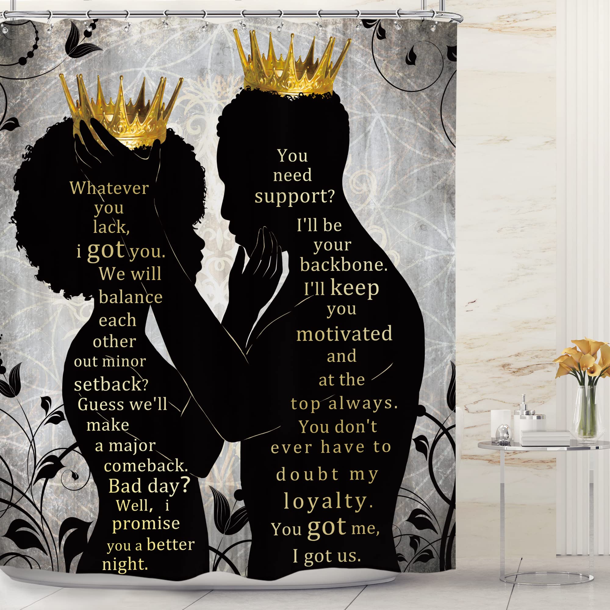 Omifly African American Shower Curtain Women Men 60Wx72H Inch Afro Black Queen King Luxury Gold Crown Inspirational Quotes Bathr