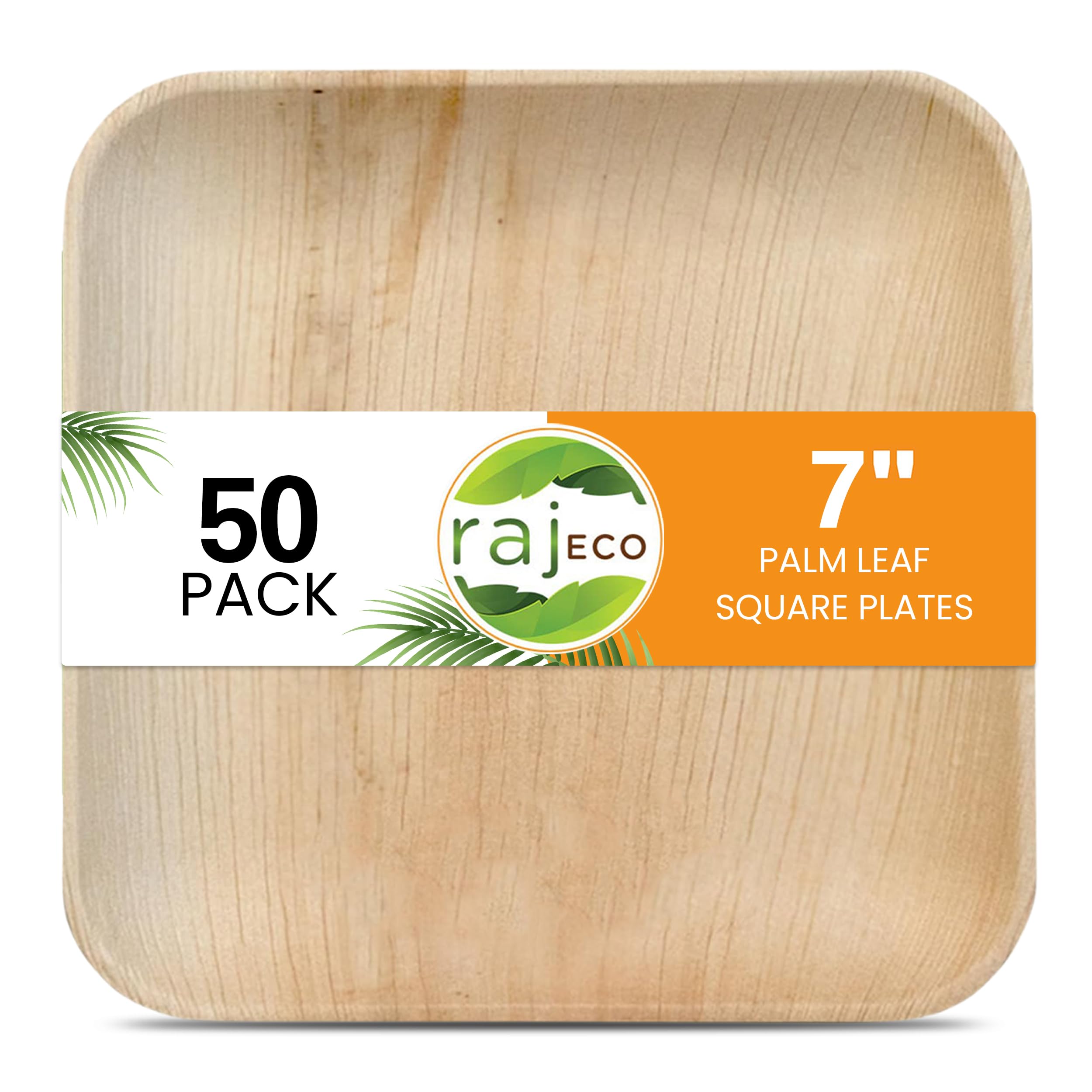 Raj Palm Leaf Plates [50-Pack] 7'' Square Plates Like Bamboo Plates Disposable, Strong, Decorative Compostable Tableware For Wed