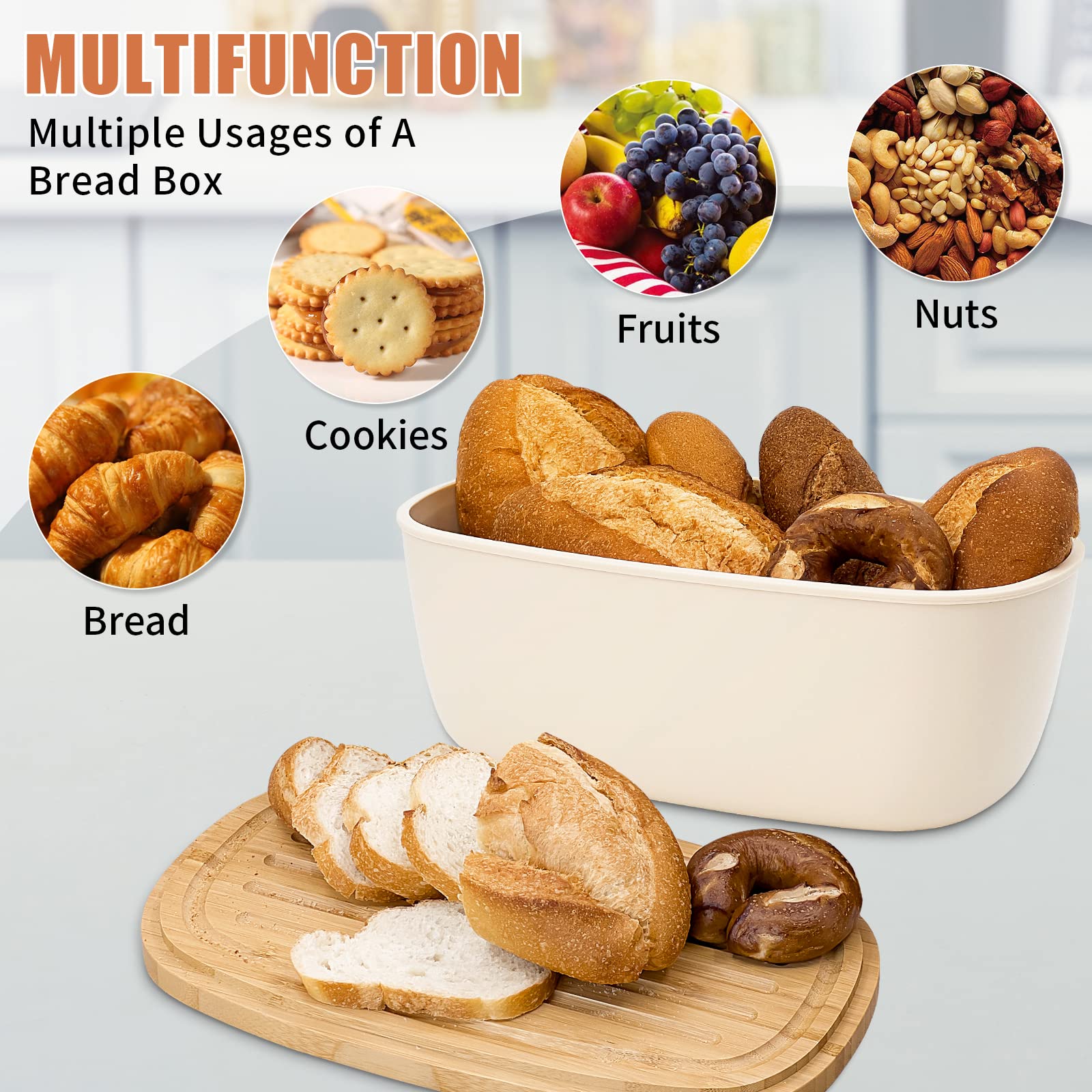 Triiter Bread Box With Bamboo Wood Cutting Board Lid & Bread Slicer Holder, Oval Cream Color Bread Container For Kitchen Counter
