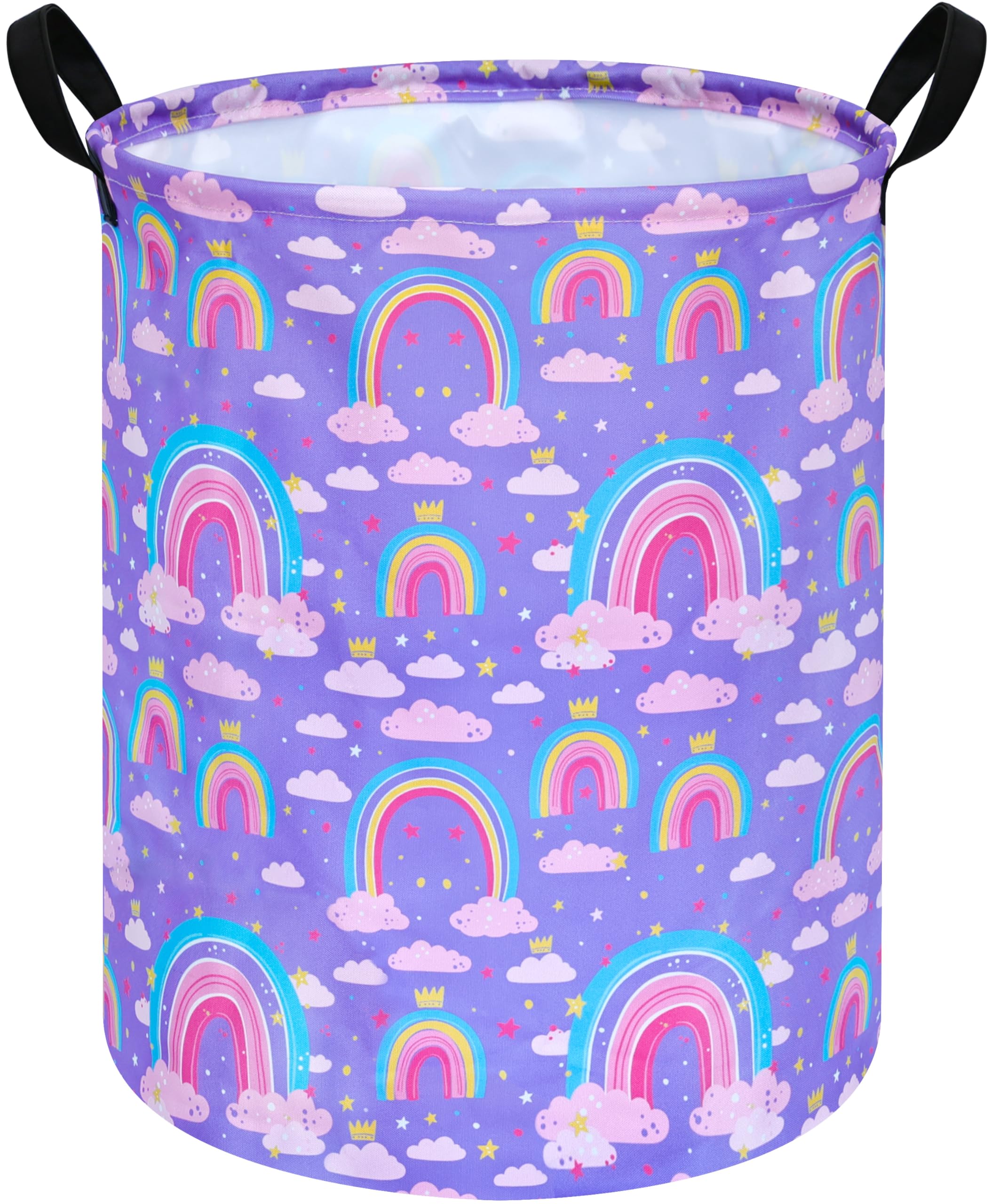 Acmuuni 19.7 Inch Purple Rainbow Round Kids Round Laundry Clothes Hamper Dino Laundry Basket With Handles,Baby Toys Storage Orga