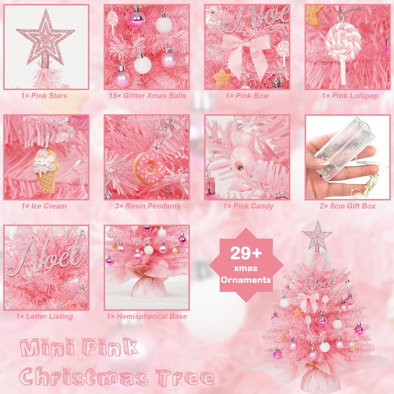 Wangchao Craft 20 Mini Pink Christmas Tree Table Top Artificial Xmas Tree Small Christmas Tree with Lights, Star Treetop and Bal