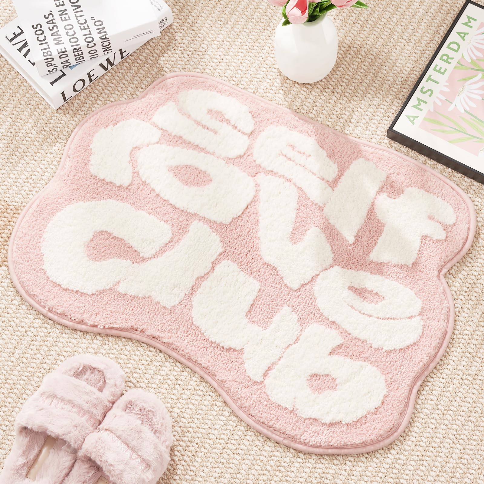 Eldone Self Love Club Rug - Cute Bath Mat Non Slip, Funky Aesthetic Groovy Small Accent Rugs For Bedroom Bathroom, Girls Preppy