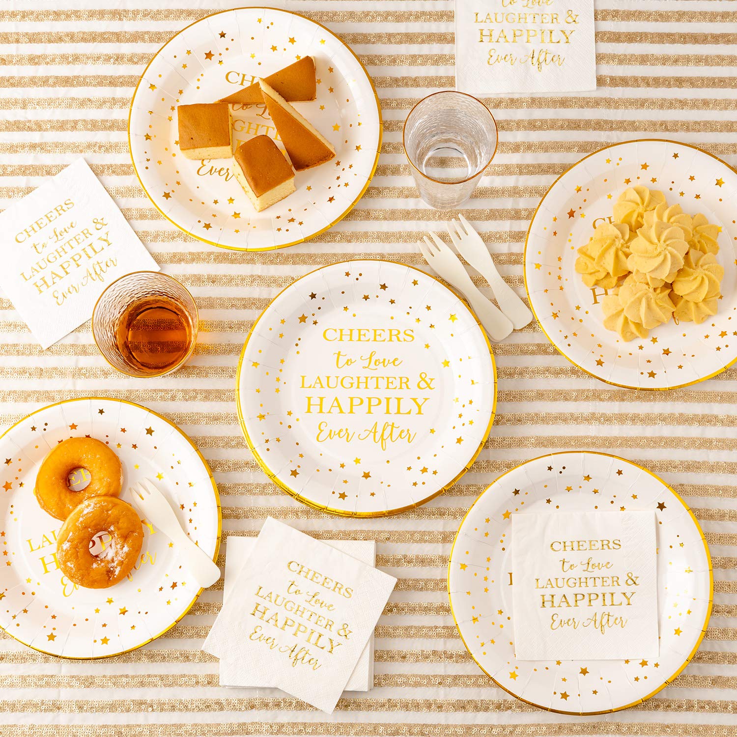 Crisky 50 Counts Cheers To Love Gold Plates For Bridal Shower, Wedding, Engagement, Bachelorett Party Decorations, Dessert, Buff