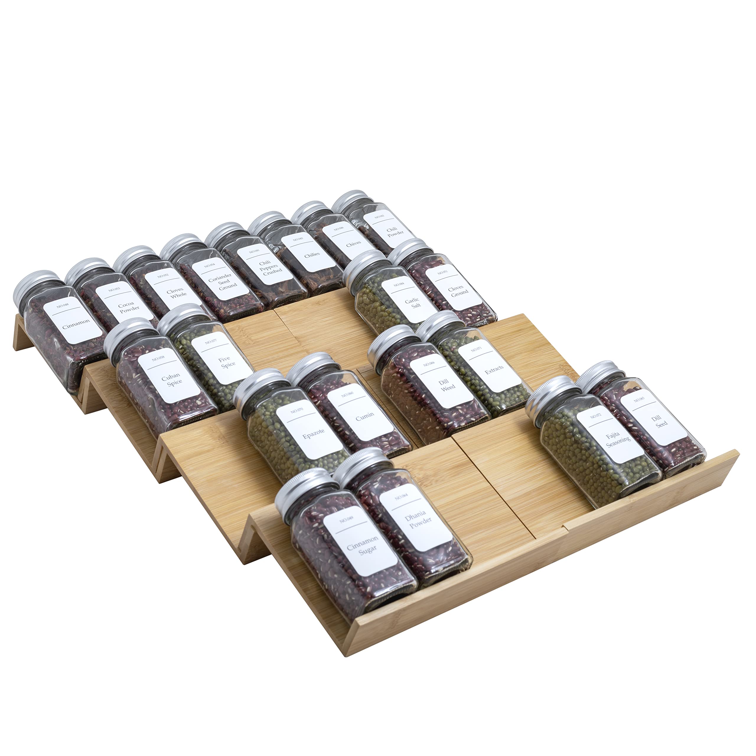Angimio Bamboo Spice Rack Drawer Organizer - 8 Pieces Set- 7 Wide Per Piece - Combine Pieces Into 14 Wide Rack (7 or 14)