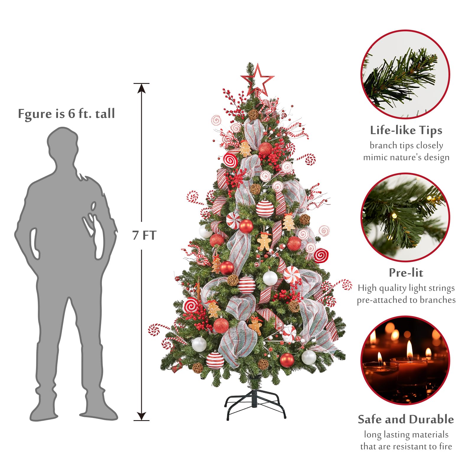 WBHome 7FT Pre-lit Artificial Christmas Tree with 400 Plug-in LED Lights and Ornaments Set Package, Peppermint & Gingerbread The
