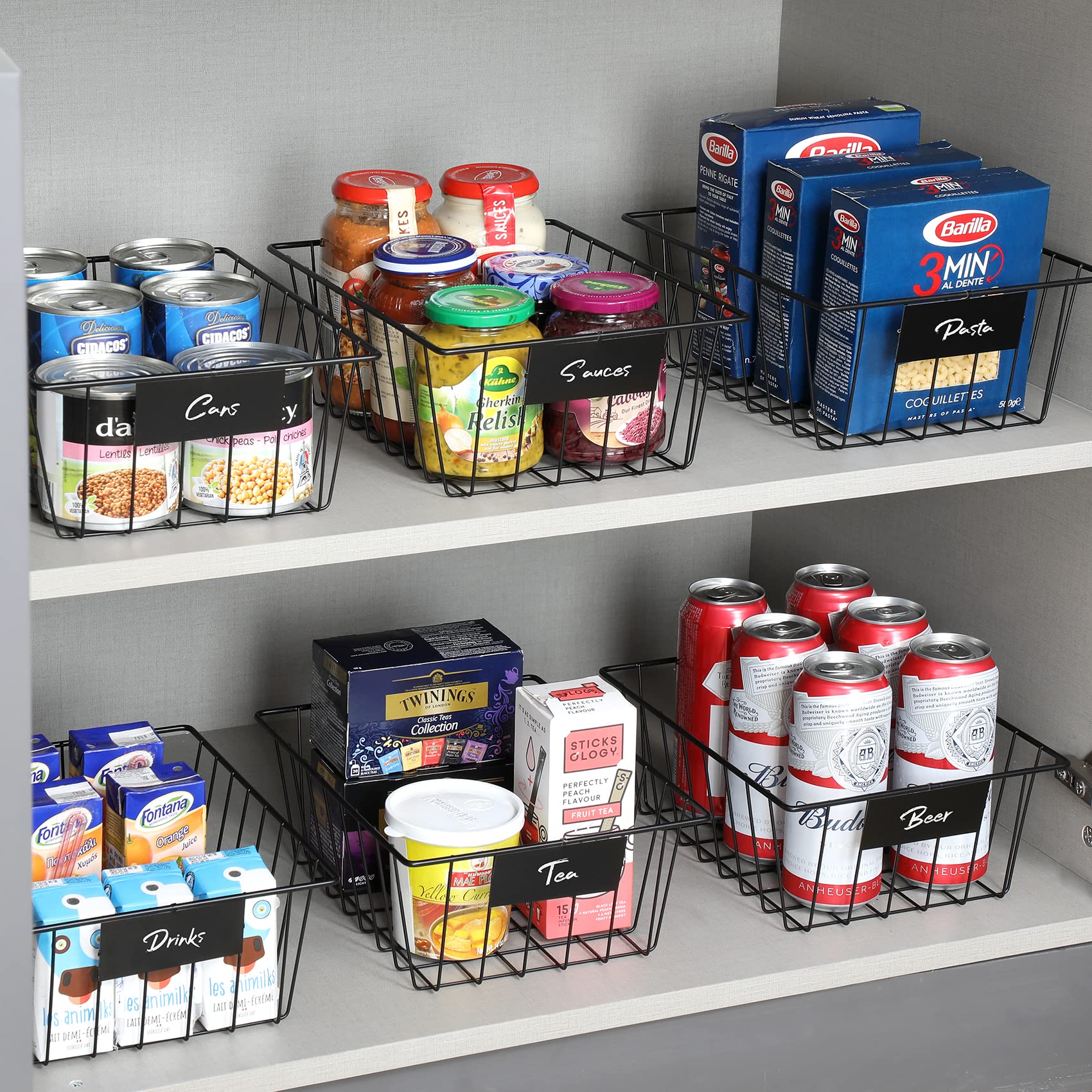 8 Pack Wire Storage Baskets For Organizing With Removable Tags, Pantry Organization Bins For Kitchen Cabinets, Closet - Metal Ba