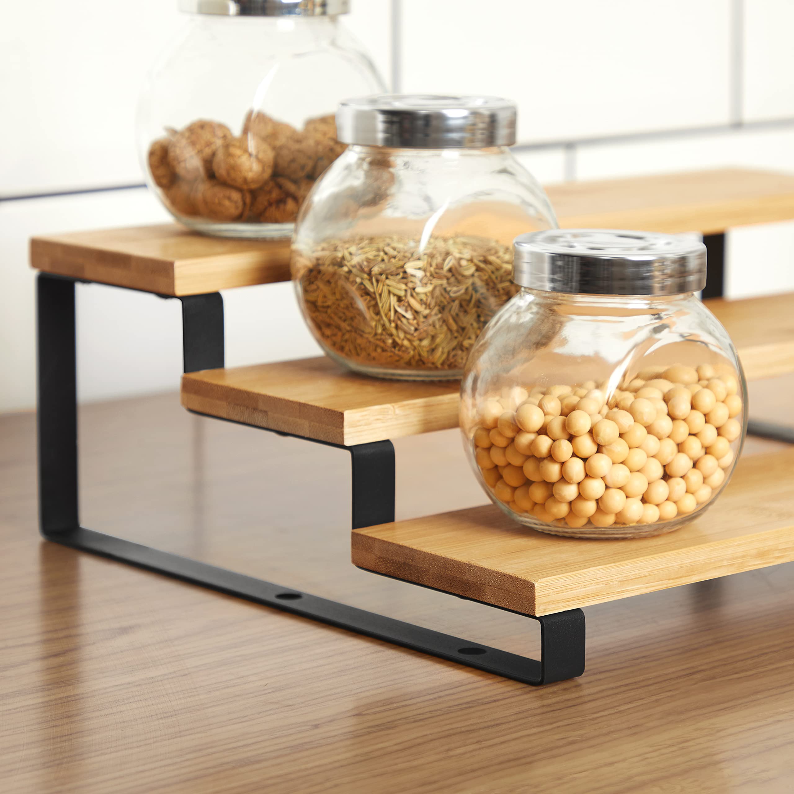 SONGMICS Display Risers, Set of 2 Bamboo Perfume Organizer Stand, 3 Tier Cupcake Stand Holder, Spice Rack, Shelf Risers for Figu