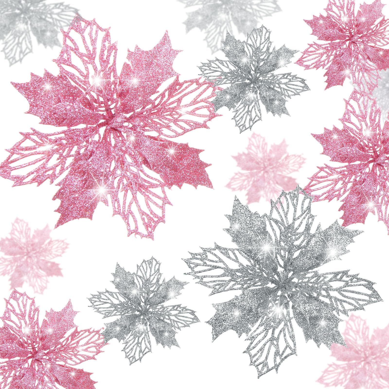 Boao 24 Pieces Pink and Silver Christmas Poinsettia Flowers Glitter with Clips Christmas Ornaments Decorations for Tree Artifici