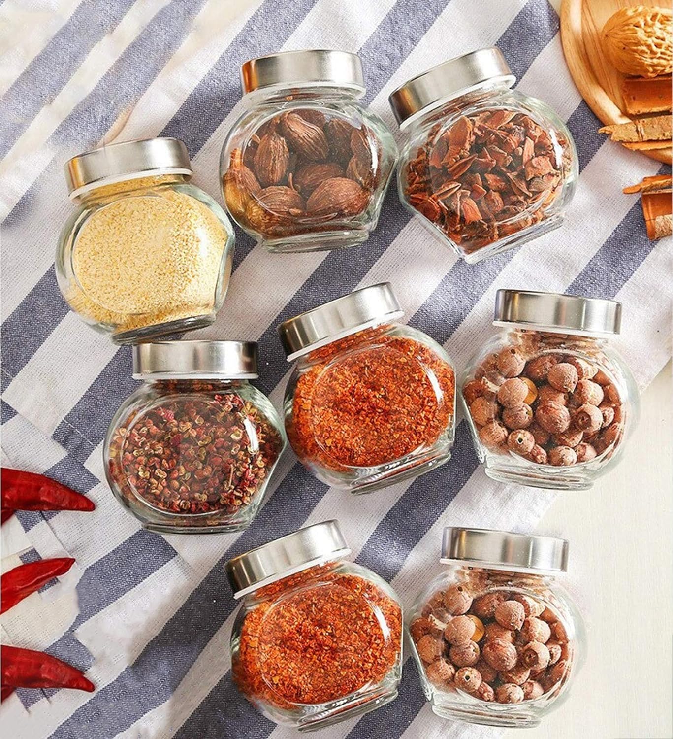 Home Stuffs 8 Pcs Spice And Honey Storage Jar Set  Spice Storage Glass Jar With Rust Proof Air Tight Stainless Steel Lid  Glas