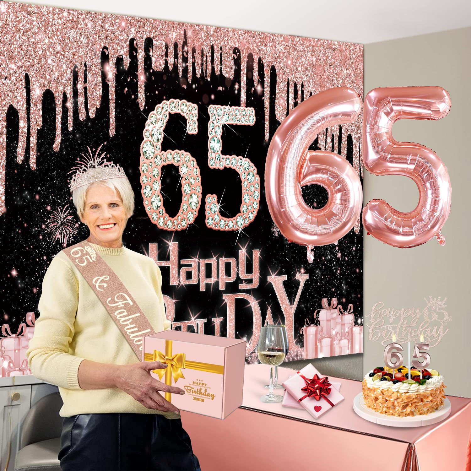 65Th Birthday Decorations For Women With Banner, Rose Gold Tablecloth, Number Balloons, 65Th Birthday Sash And Tiara, Cake Toppe