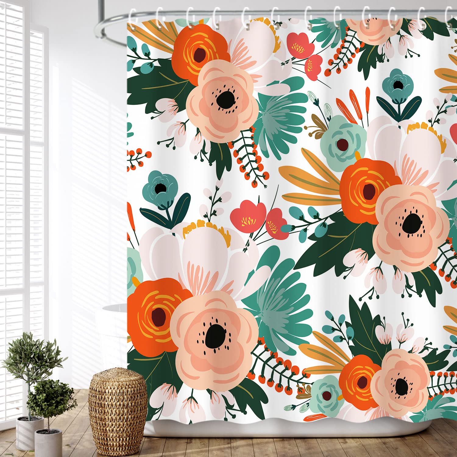 Livilan Floral Shower Curtain, Bohemian Flowers Shower Curtain Set, Colorful Red Pink Orange Blossom Poppy Shower Curtain With H
