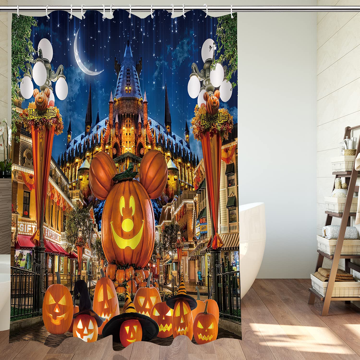 Dephoto Halloween Shower Curtain For Bathroom Kids Cartoon Pumpkin Wizard Hat Moon Castle Star Street Lamp Poliester Fabric Deco
