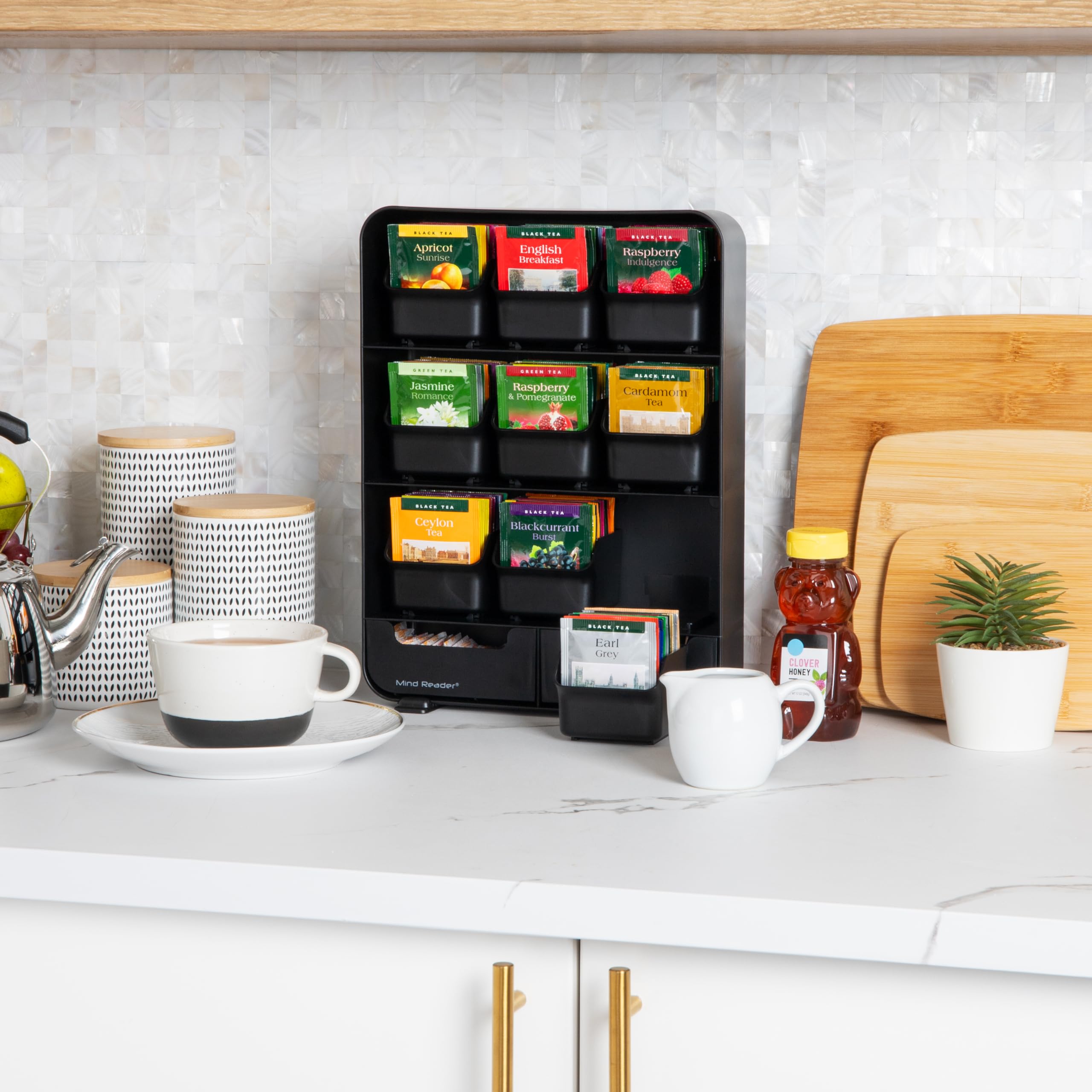 Mind Reader Tea Bag Organizer, Tea Station Organizer, Countertop Storage, Kitchen, Plastic, 10.25''L X 3.25''W X 13.75''H, Black