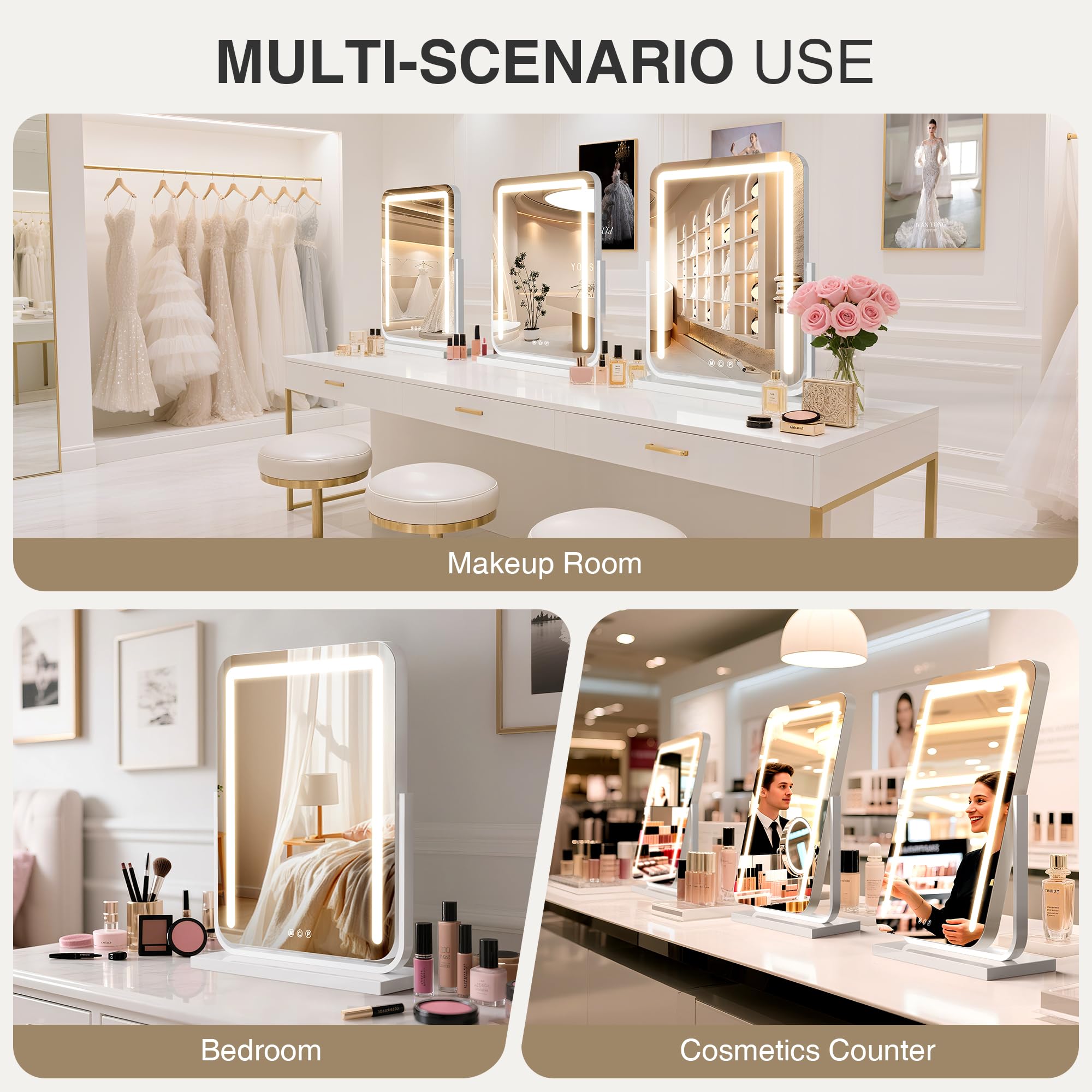 Lighted Makeup Mirror With Lights,Dimmable Touch Control Vanity Mirror For Desk/Bedroom,10X Magnifier & 360 Rotation,3 Color Mod