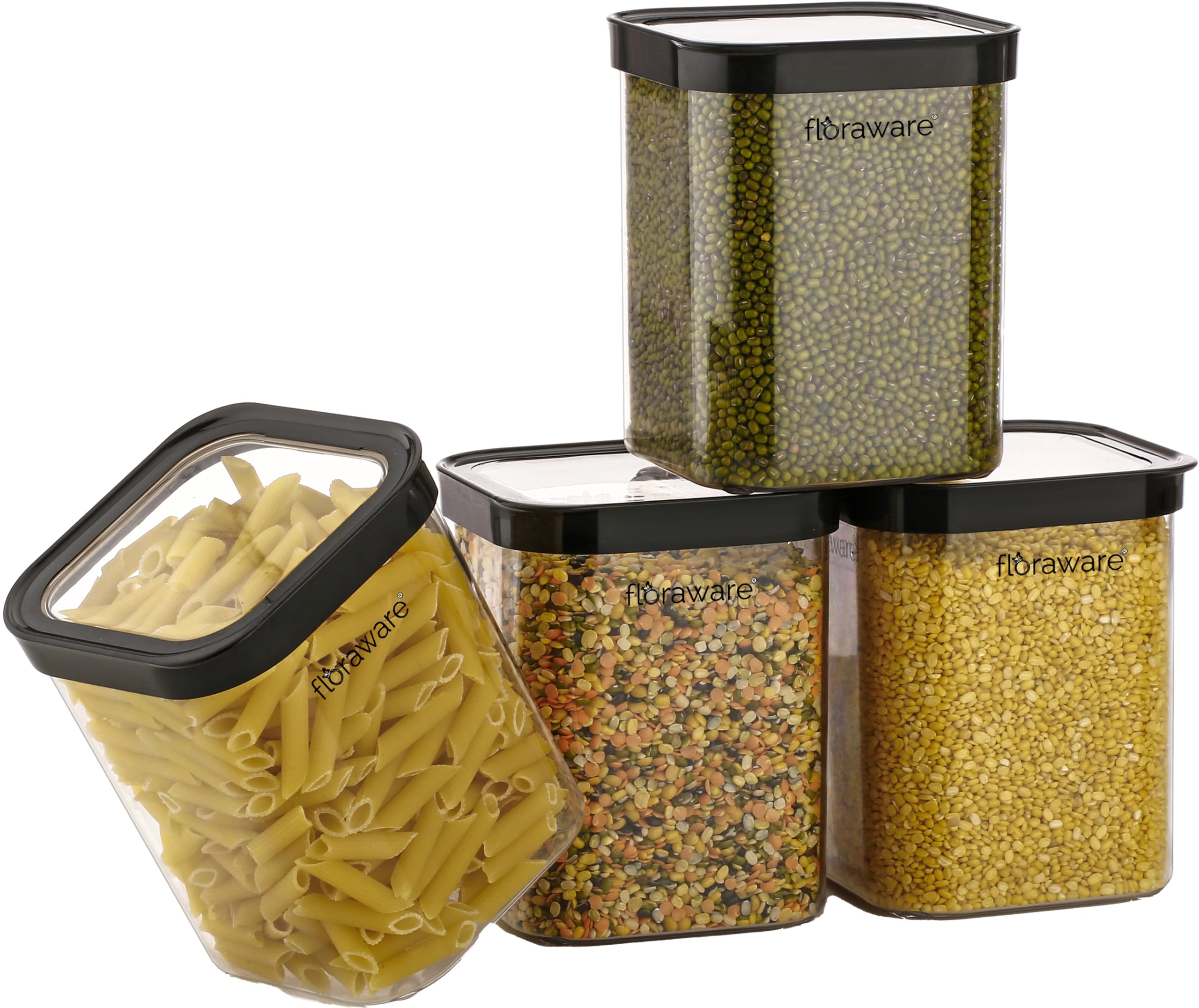 Floraware Food Safe Plastic Multiuse Square FitLock Airtight Storage Jar, Grocery Container, 1150 Ml, Set 4 Bpa Free, Black