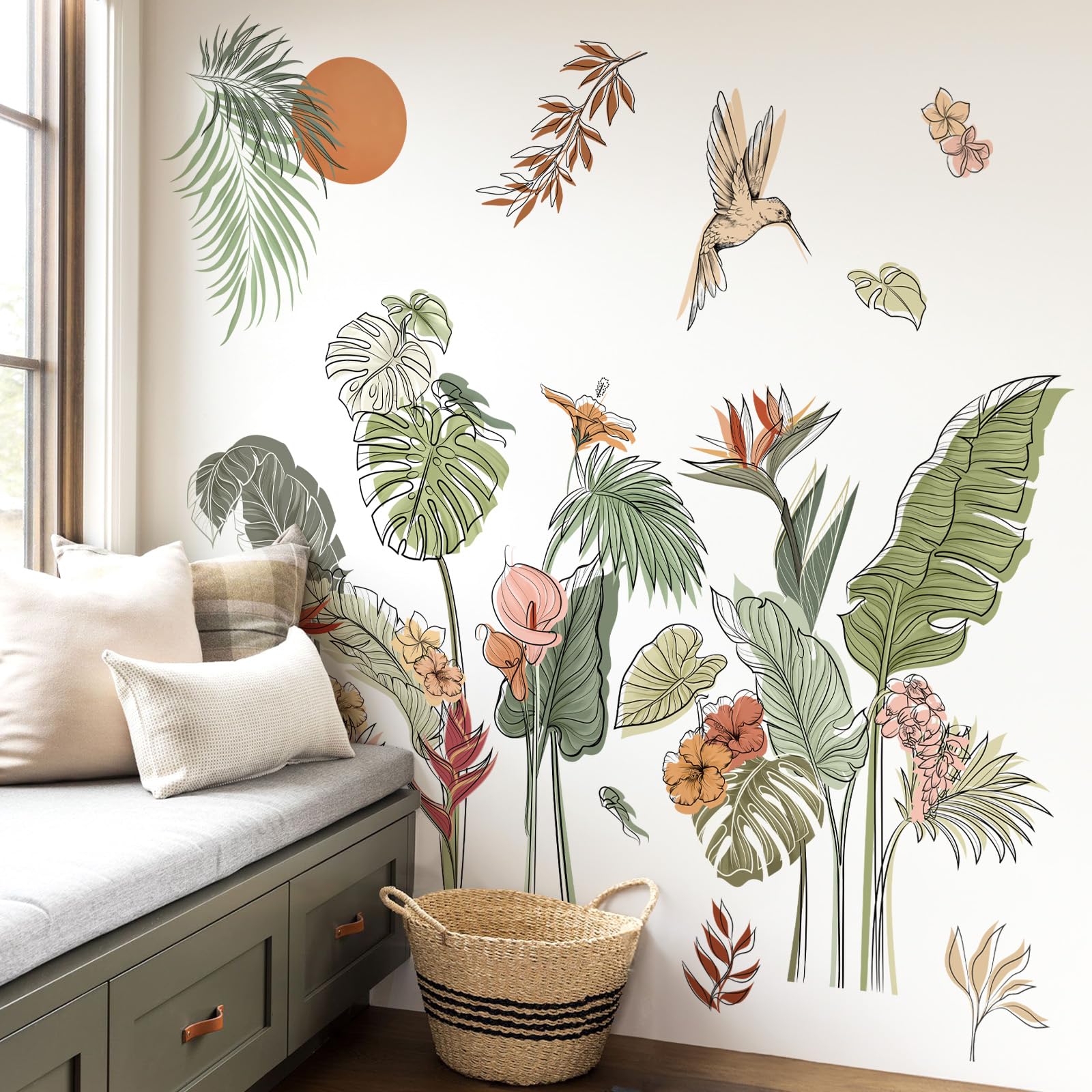Decalmile Boho Tropical Leaves Flower Wall Decals Bohemian Floral Plants Sun Wall Stickers Bedroom Living Room Office Wall Decor