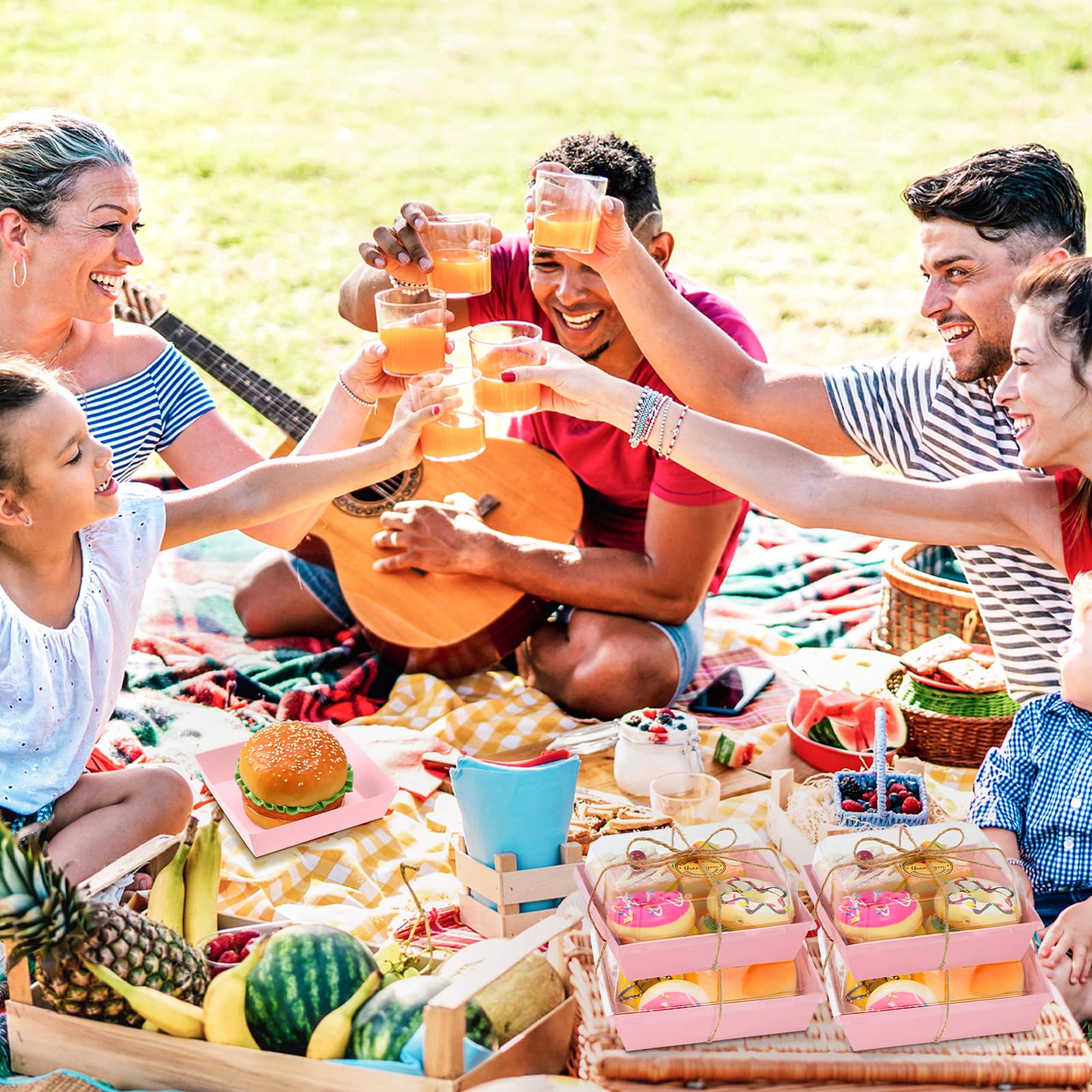 60 Pack Paper Charcuterie Boxes with Clear Secure Lids  5 Inches Disposable Food Containers with 55yd Twine and 60 Pcs Thank You Sticker Square Paper Boxes for Bakery  Cakes  Sandwich  Cookies (Pink)