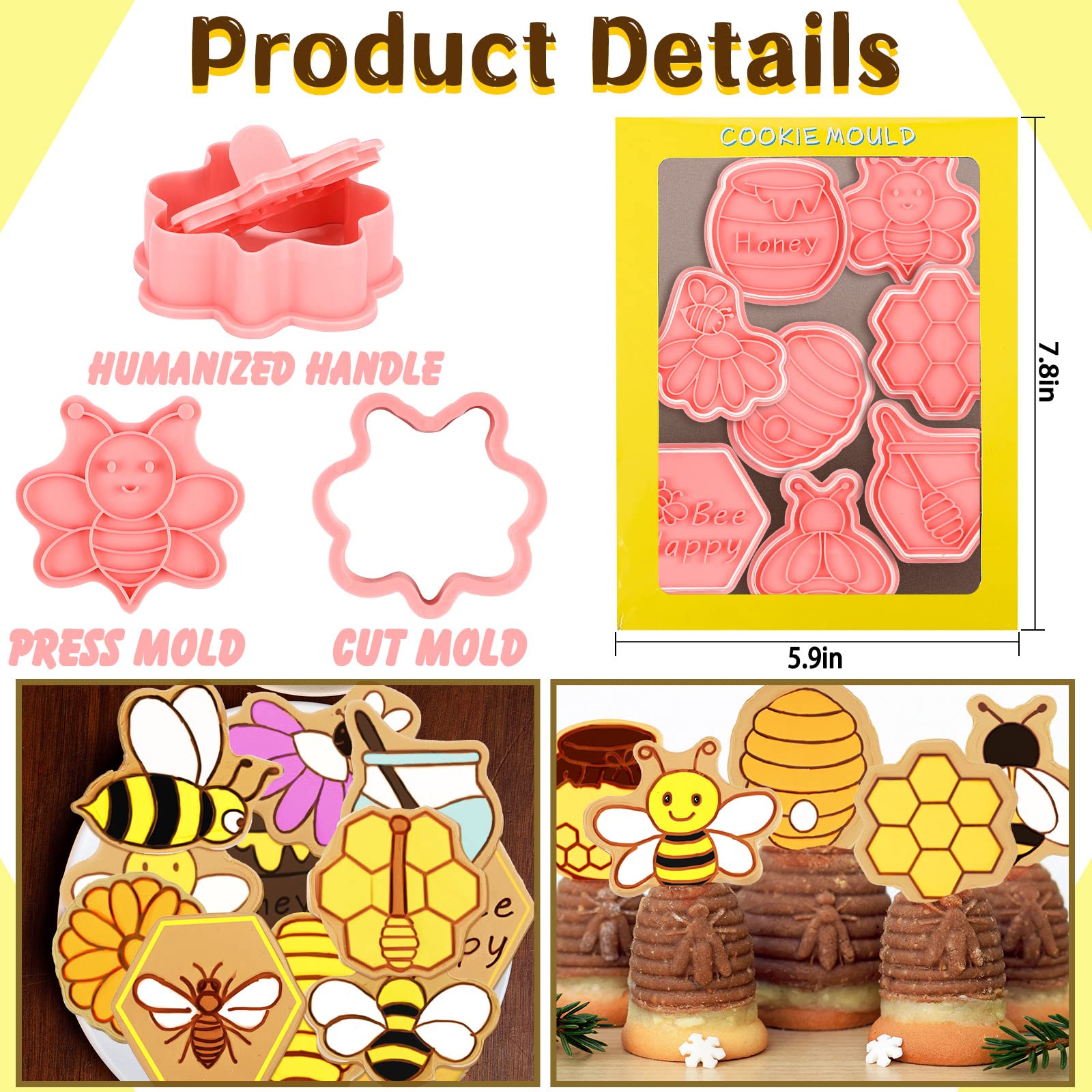 16 Pcs Bee Cookie Cutters With Plunger Stamps Set Mini Bee Honeycomb Cookie Stamps 3D Plastic Biscuit Mold Fondant Cookie Stampe