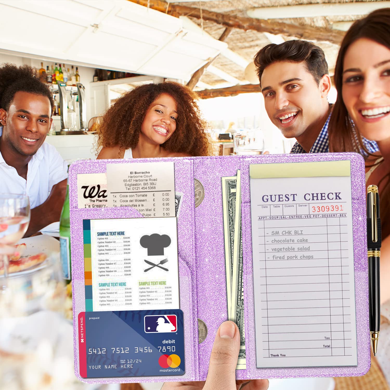 Rsaquar Server Books For Waitress, Cute Waitstaff Organizer Wallet Support With 7 Storage Pockets For Recipes And Guest Check, L