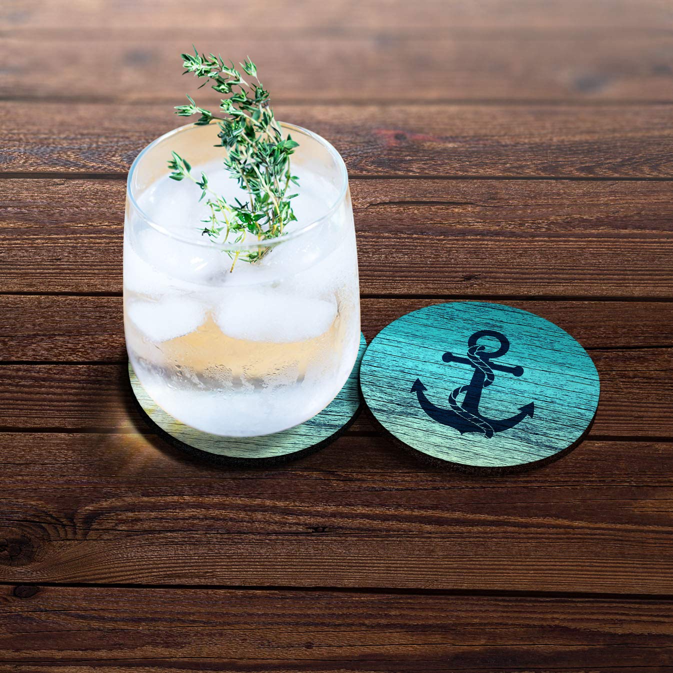 Caribou Coasters , Blue Anchor Wood Design Absorbent Round Fabric Felt Neoprene Car Coasters For Drinks, 2Pcs Set
