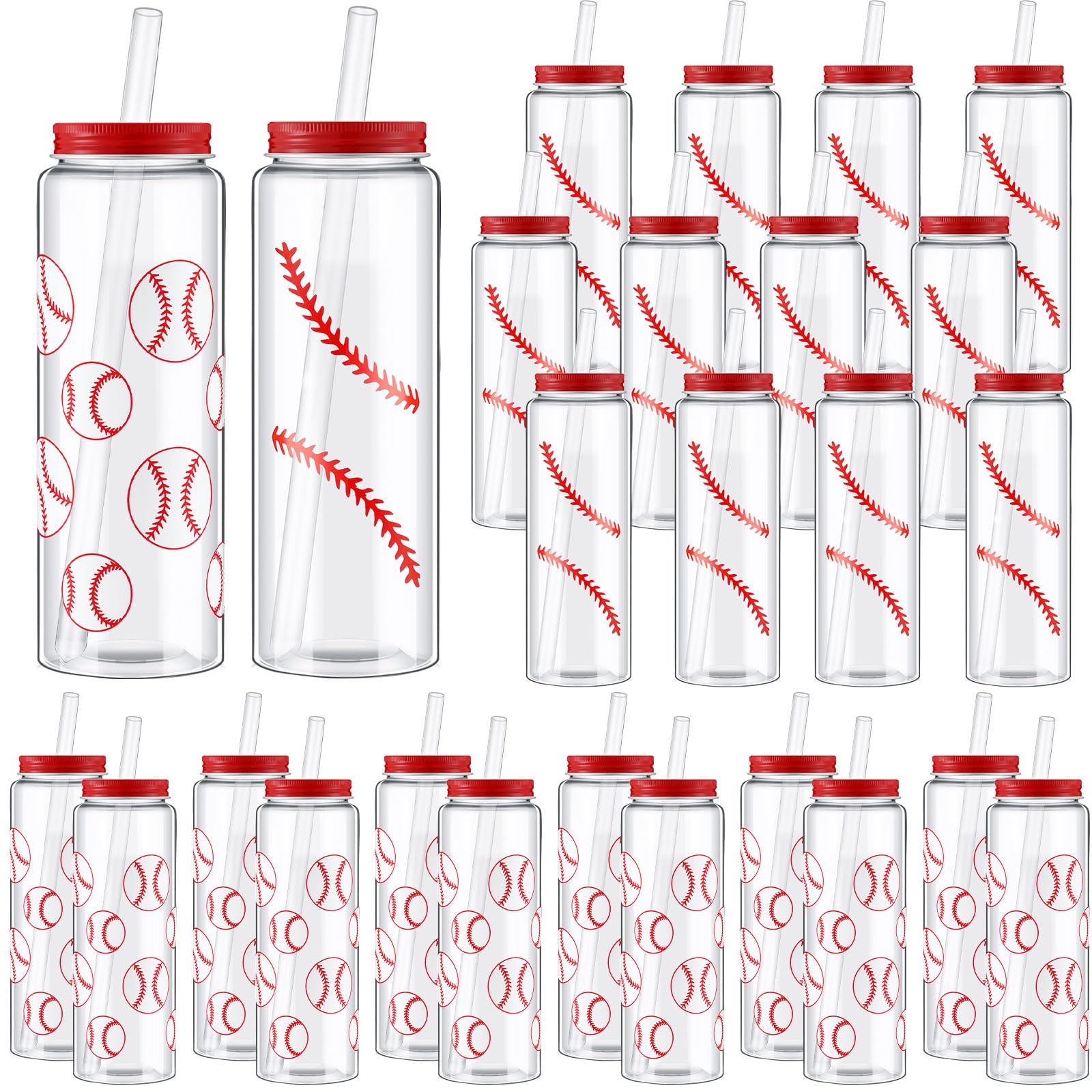 Maxdot 24 Pack 16.9 oz Baseball Plastic Cups with Lid and Straw Bulk Baseball Cup with Lid and Straw Clear Reusable Plastic Juic
