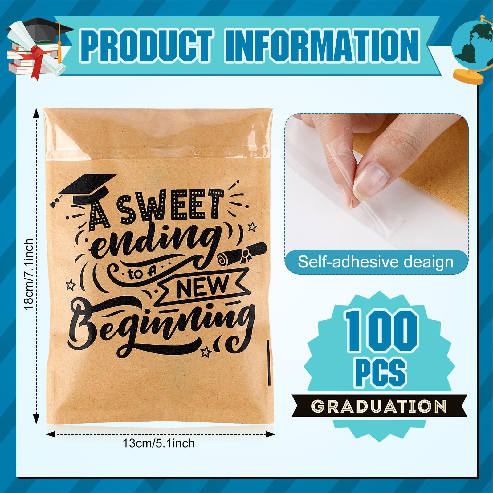 MotiMind 100 Pcs Clear Graduation Cookie Bags Front Paper Self-Adhesive Gift Bags Sweet Endings to New Beginnings Kraft Paper Tr