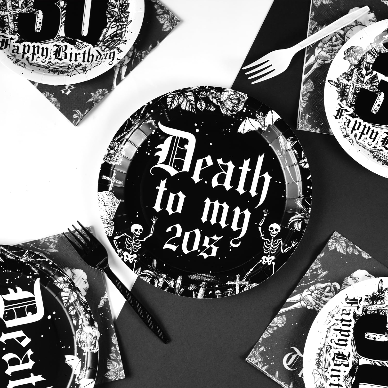 96Pcs 30Th Birthday Party Supplies Death To My 20S Plates Napkins Forks Tableware Set Disposable 350Gsm Black Rip To My 20S Part