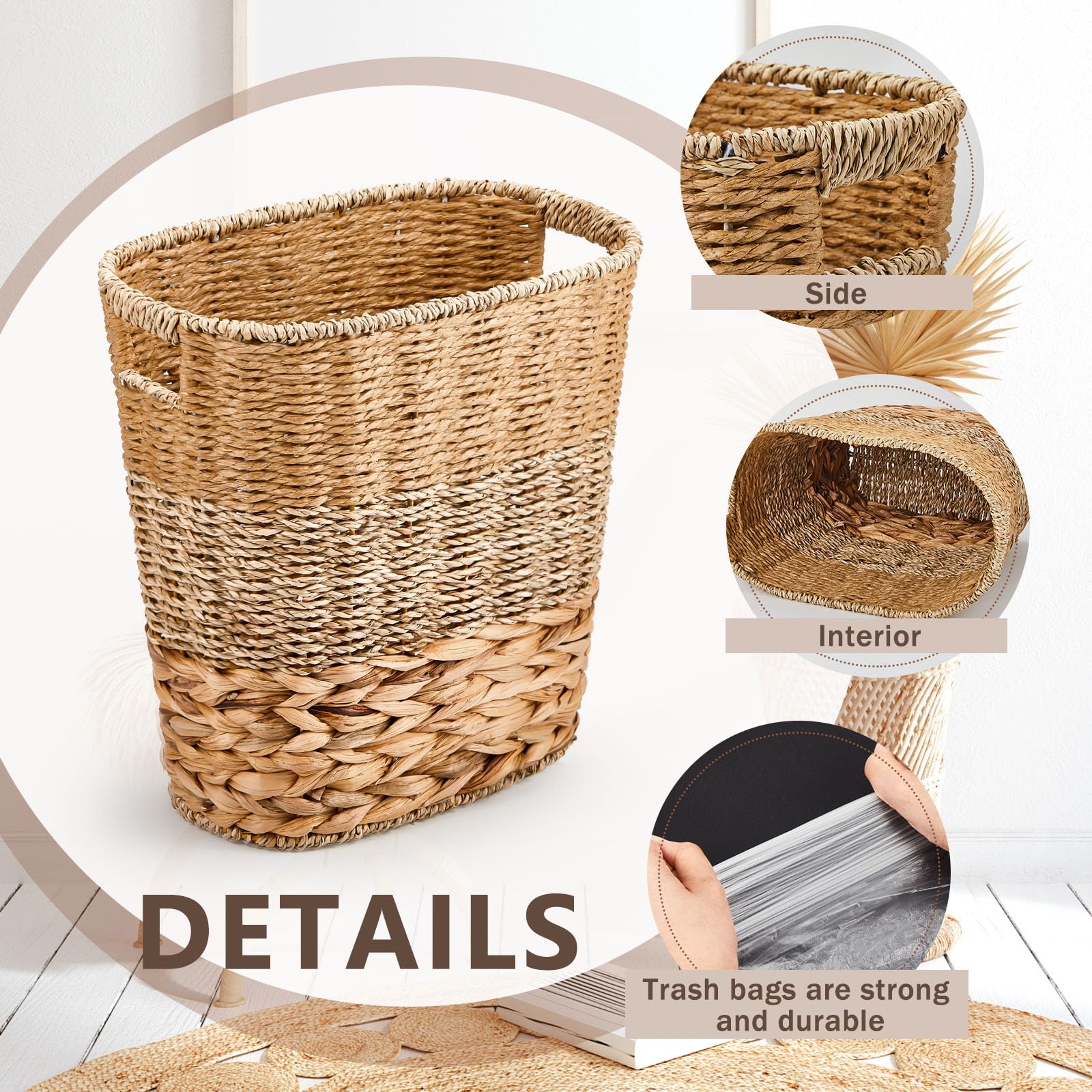 Ziliny 2 Pcs Wicker Trash Can with 50 Small Trash Bag Wicker Waste Woven Basket with Handles Clear Multi Use Garbage Bags for Ba
