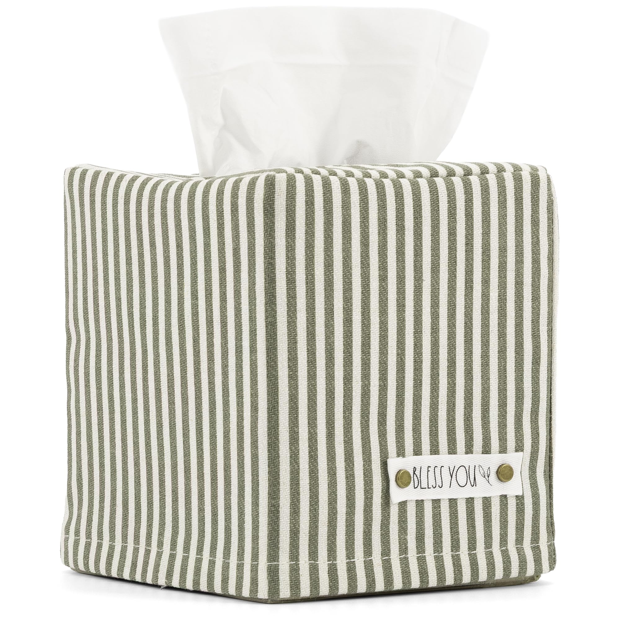 Stylish Tissue Box Cover - This Sage Striped Linen Holder Instantly Covers Your Square Tissue Boxes - The Perfect Cube Cover for
