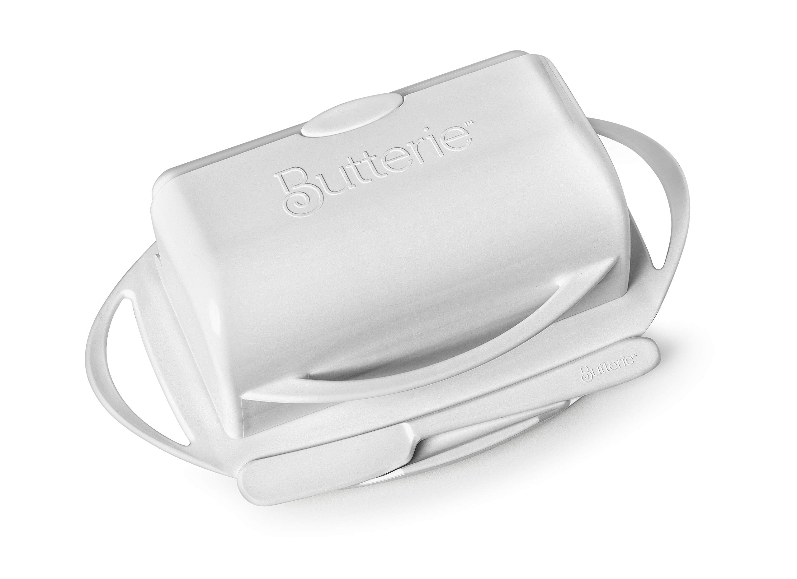 Butterie Flip-Top Butter Dish with Lid & Knife, Shatterproof, 9" x 5.5" x 3", White, Model BTRWHT1001