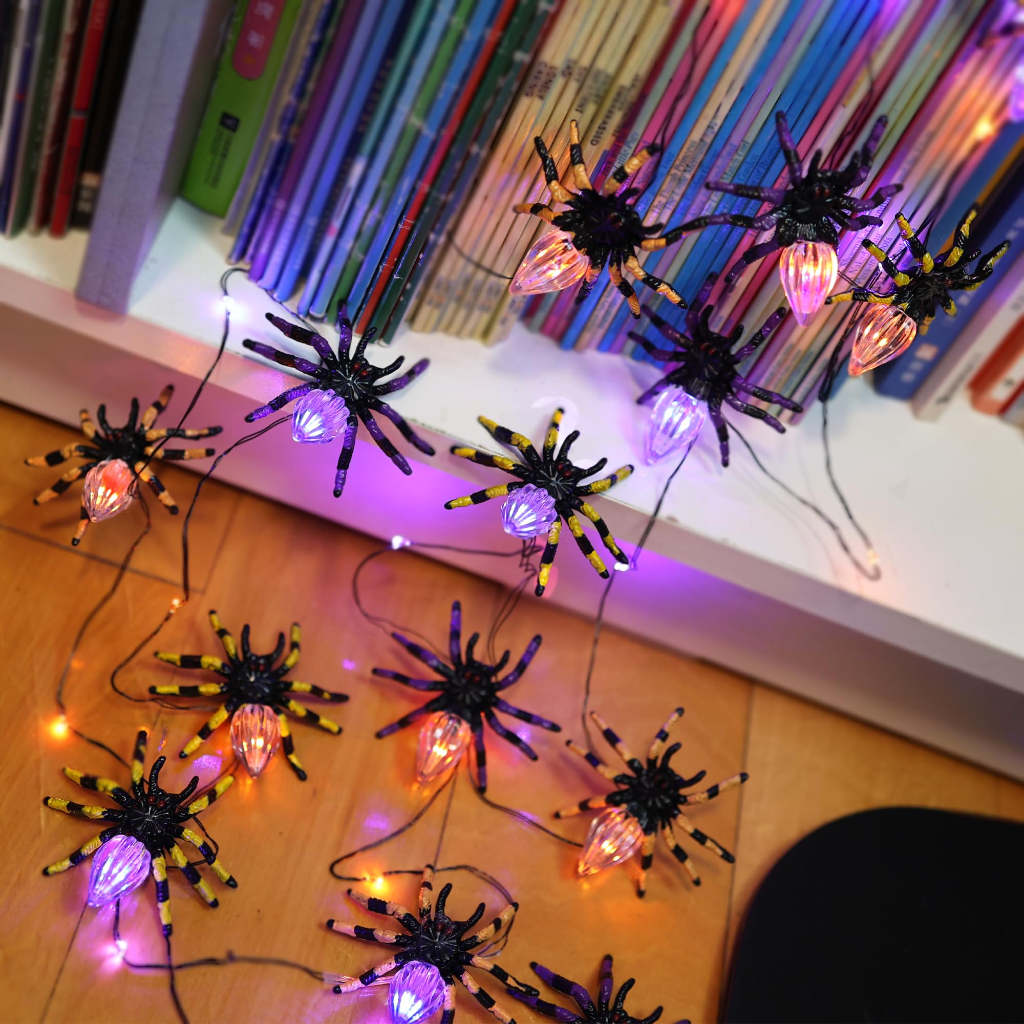 Belniak Spooky Glowing Spider Halloween Lights-Purple Orange 10FT String with 15 3D Spiders-Waterproof Battery Operated Fairy Li