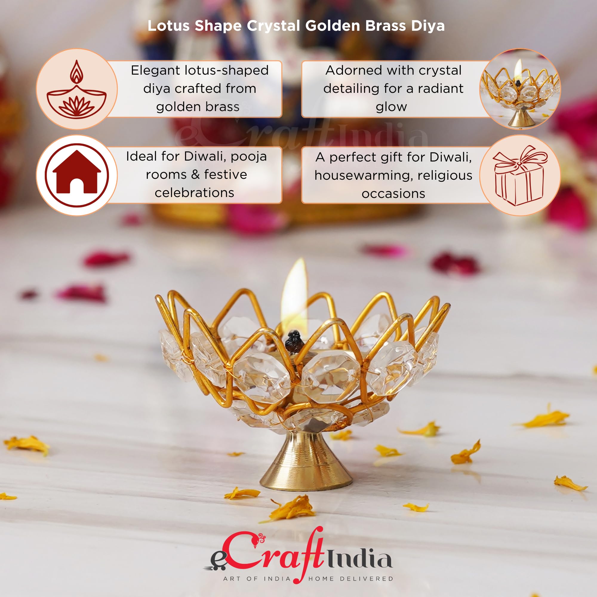 eCraftIndia Lotus Shape Crystal Golden Brass Diya for Diwali, Navratri, Dussehra, and Other Festive Occasions