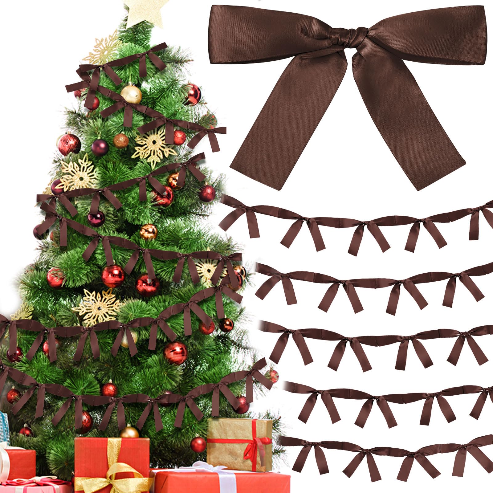 Trandraft 2 Pcs Christmas Bow Garland Banner 16.4 ft Pre-Assembled Brown Satin Bows Ornaments Xmas Bows Hanging Decor for Room F