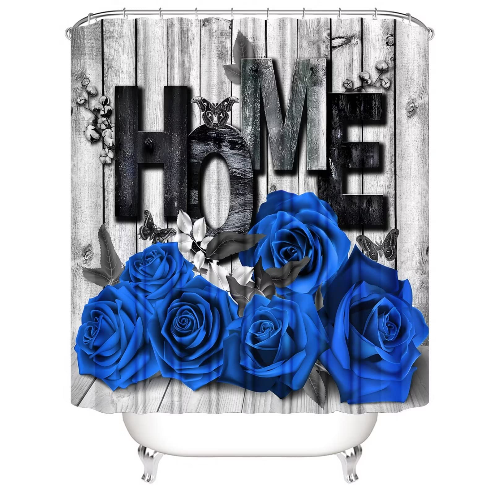 Yddsky Blue Rose 4 Pcs Shower Curtain Sets Non-Slip Rugs Bath Mat Toilet Cover U Shaped Mat Black Blue Shower Curtain With 12 Ho