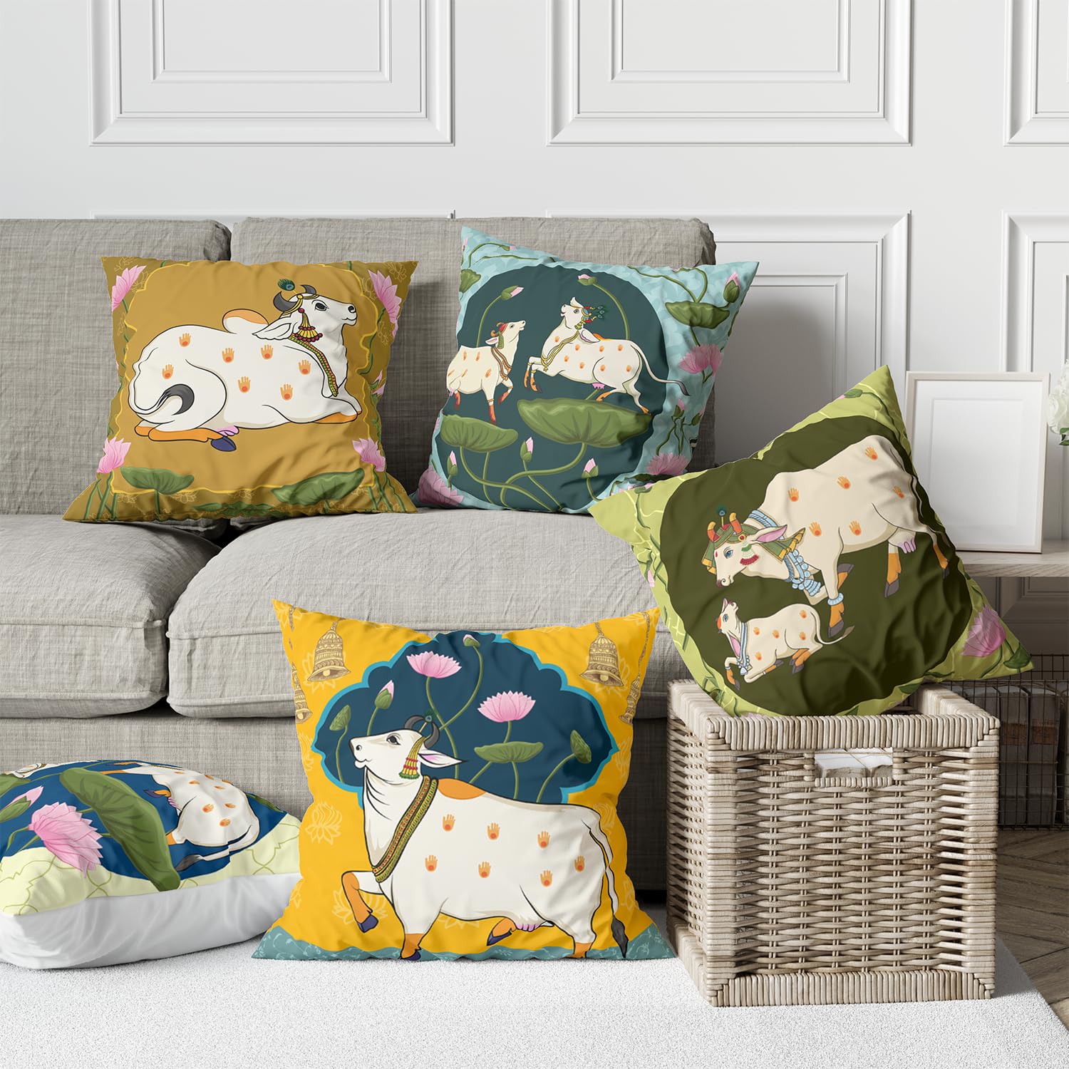 Scpmarts Pichwai Printed Satin Cushion Covers Set Of 5 - 16X16 Inch Square Decorative Throw Pillow Covers For Sofa, Living Room,